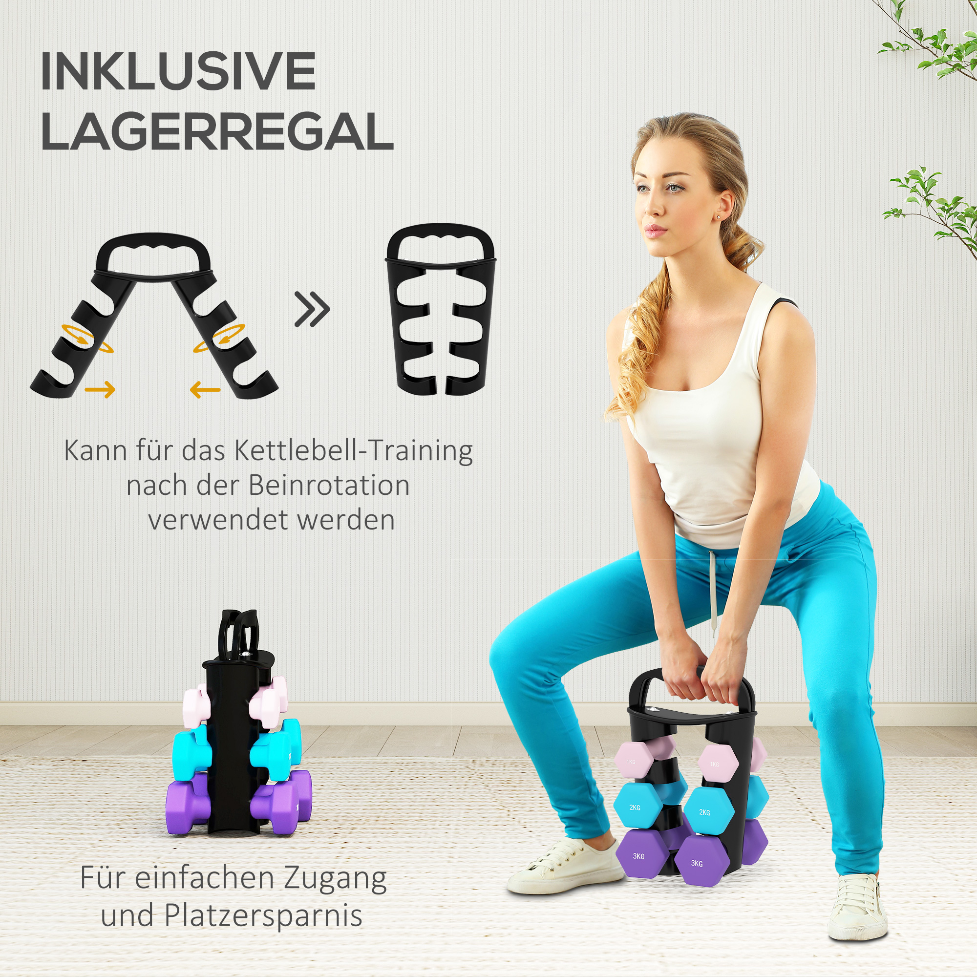 Hantlite komplekt hoiuriiuliga, 6 hantlit, 12 kg, roosa, helesinine, lilla