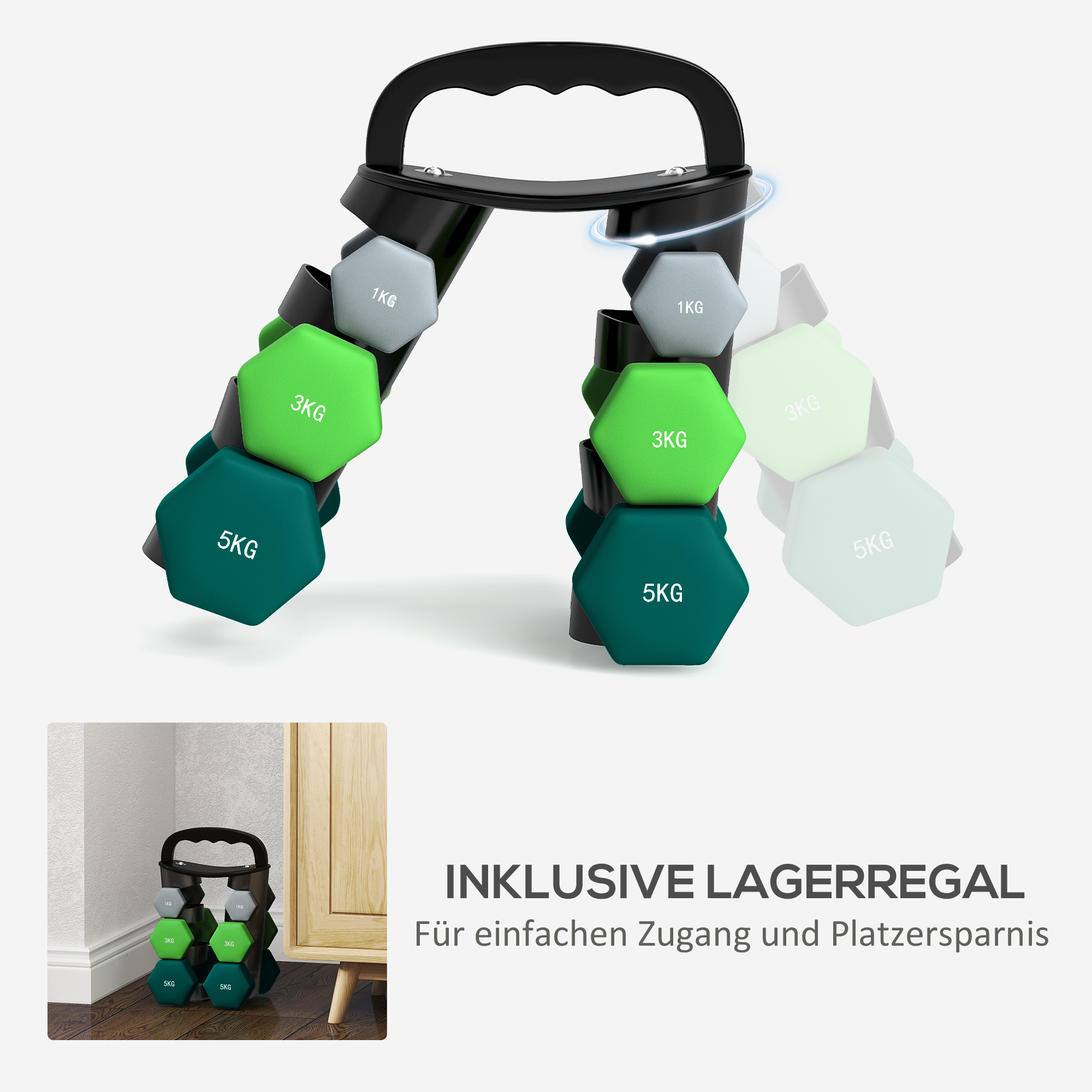 Hantlikomplekt hoiustusalusega, 6 hantlit fitnessitreeninguks, 2 x 1 kg, 2 x 3 kg, 2 x 5 kg