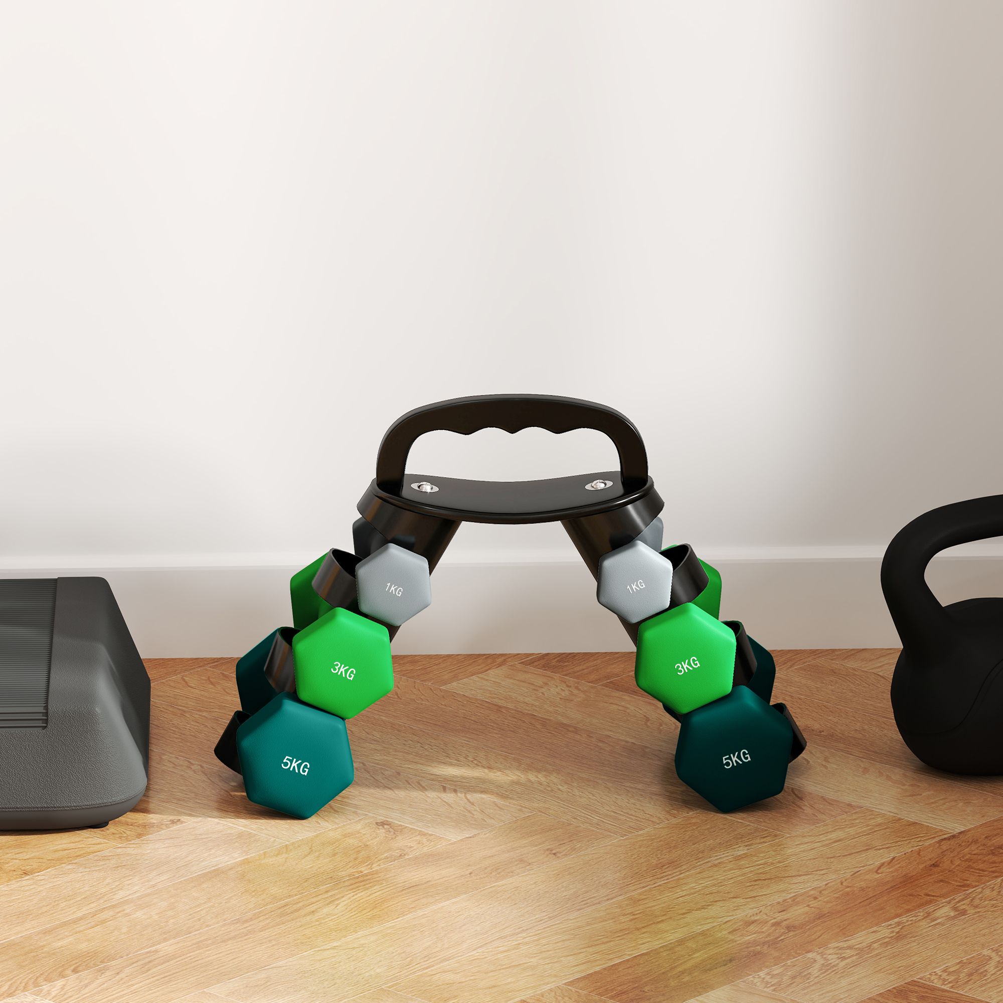 Hantlikomplekt hoiustusalusega, 6 hantlit fitnessitreeninguks, 2 x 1 kg, 2 x 3 kg, 2 x 5 kg