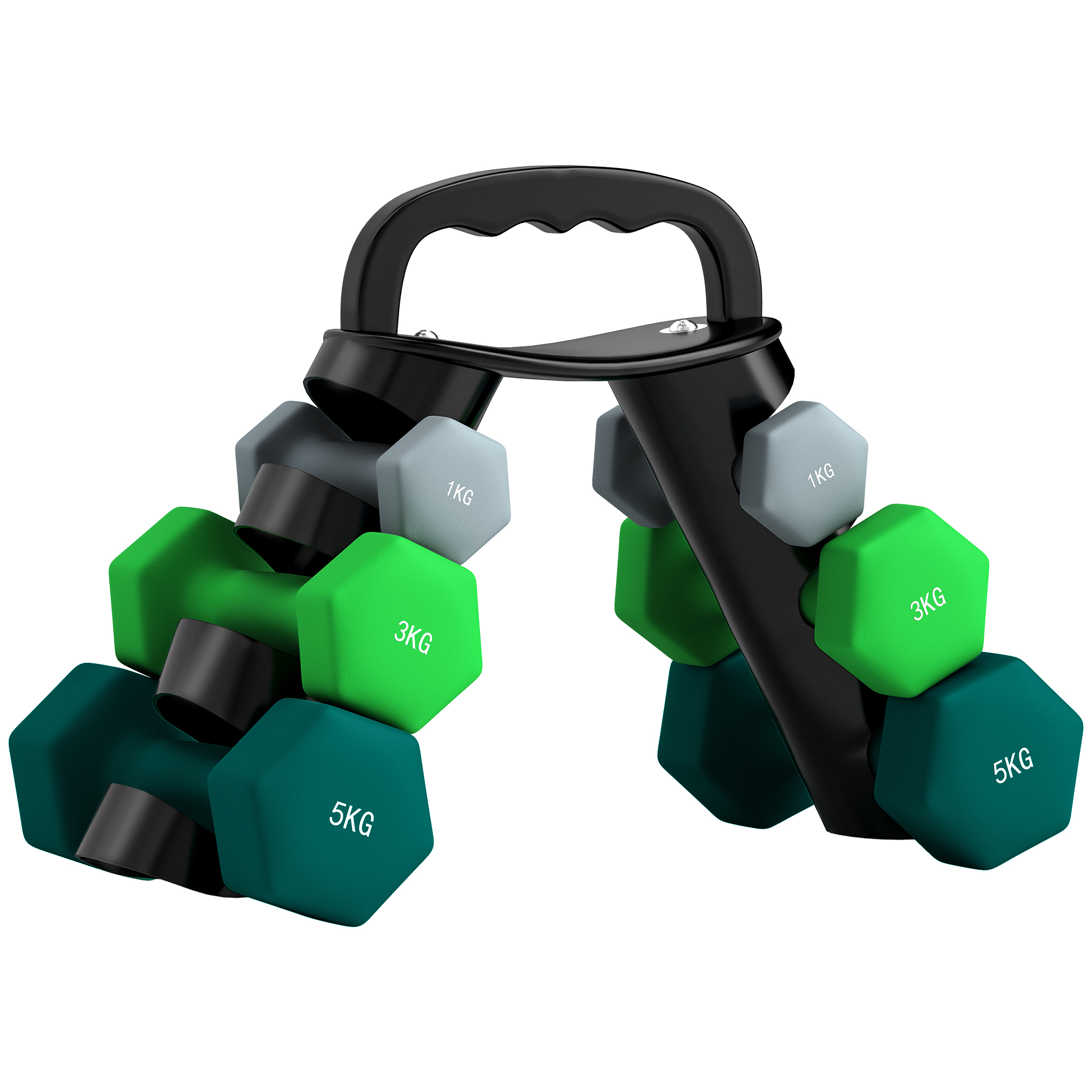 Hantlikomplekt hoiustusalusega, 6 hantlit fitnessitreeninguks, 2 x 1 kg, 2 x 3 kg, 2 x 5 kg