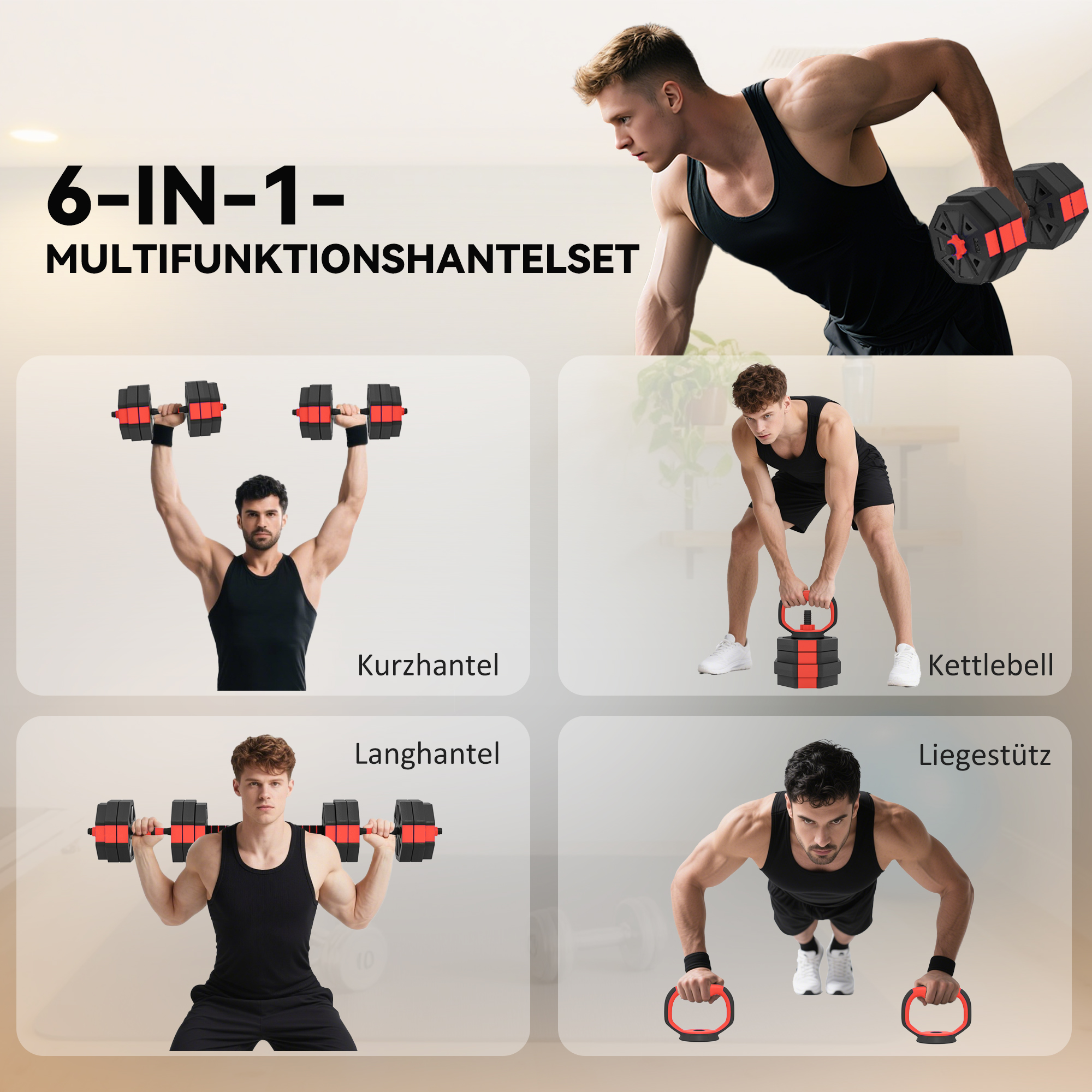 6-in-1 reguleeritav hantlikomplekt, 25 kg, punane