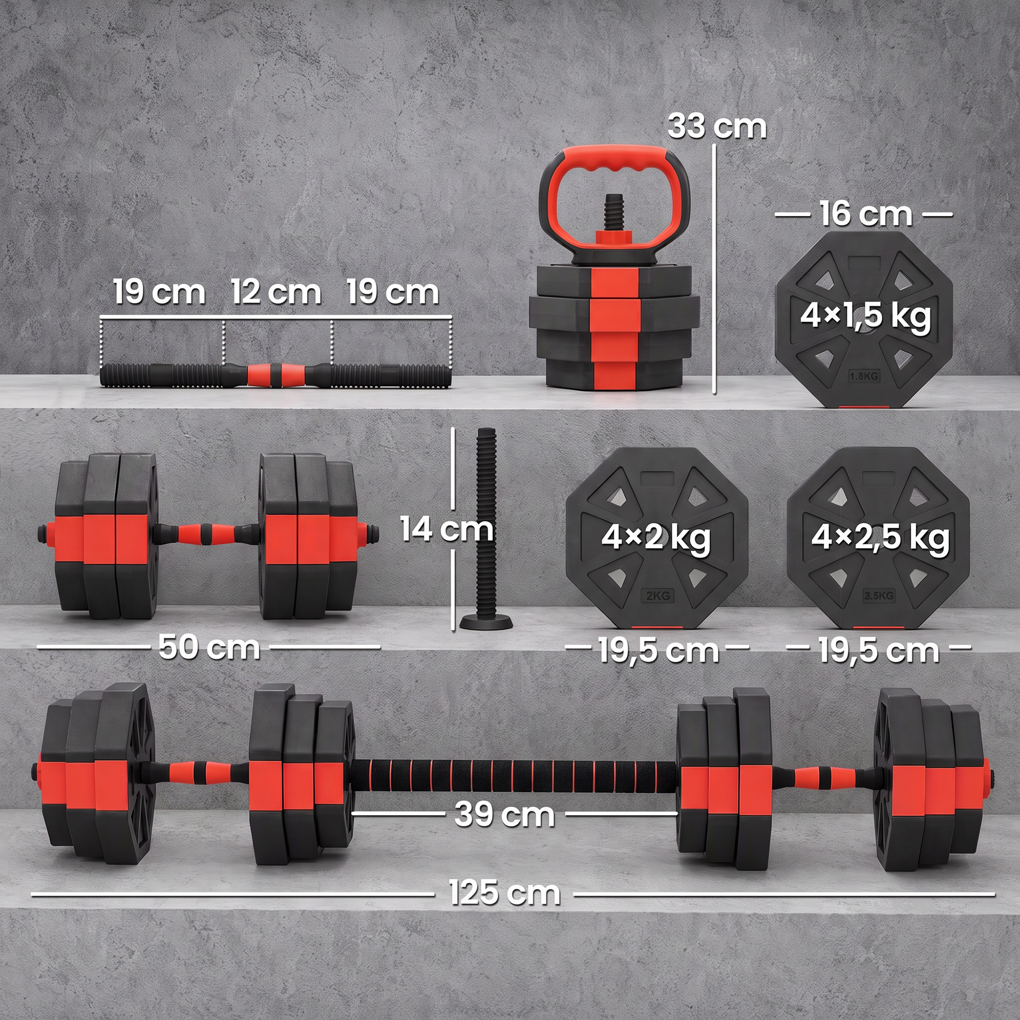 6-in-1 reguleeritav hantlikomplekt, 25 kg, punane