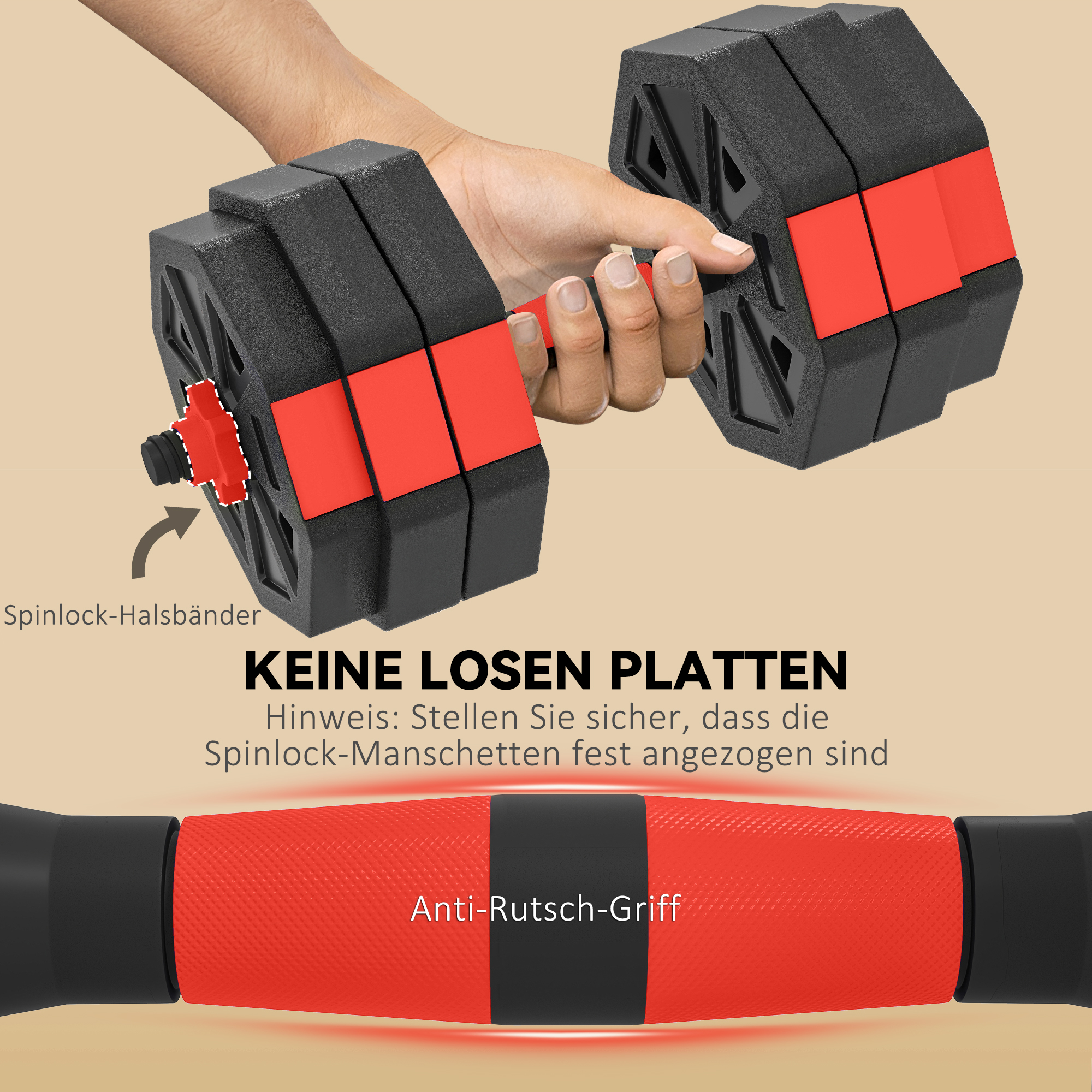 6-in-1 reguleeritav hantlikomplekt, 25 kg, punane