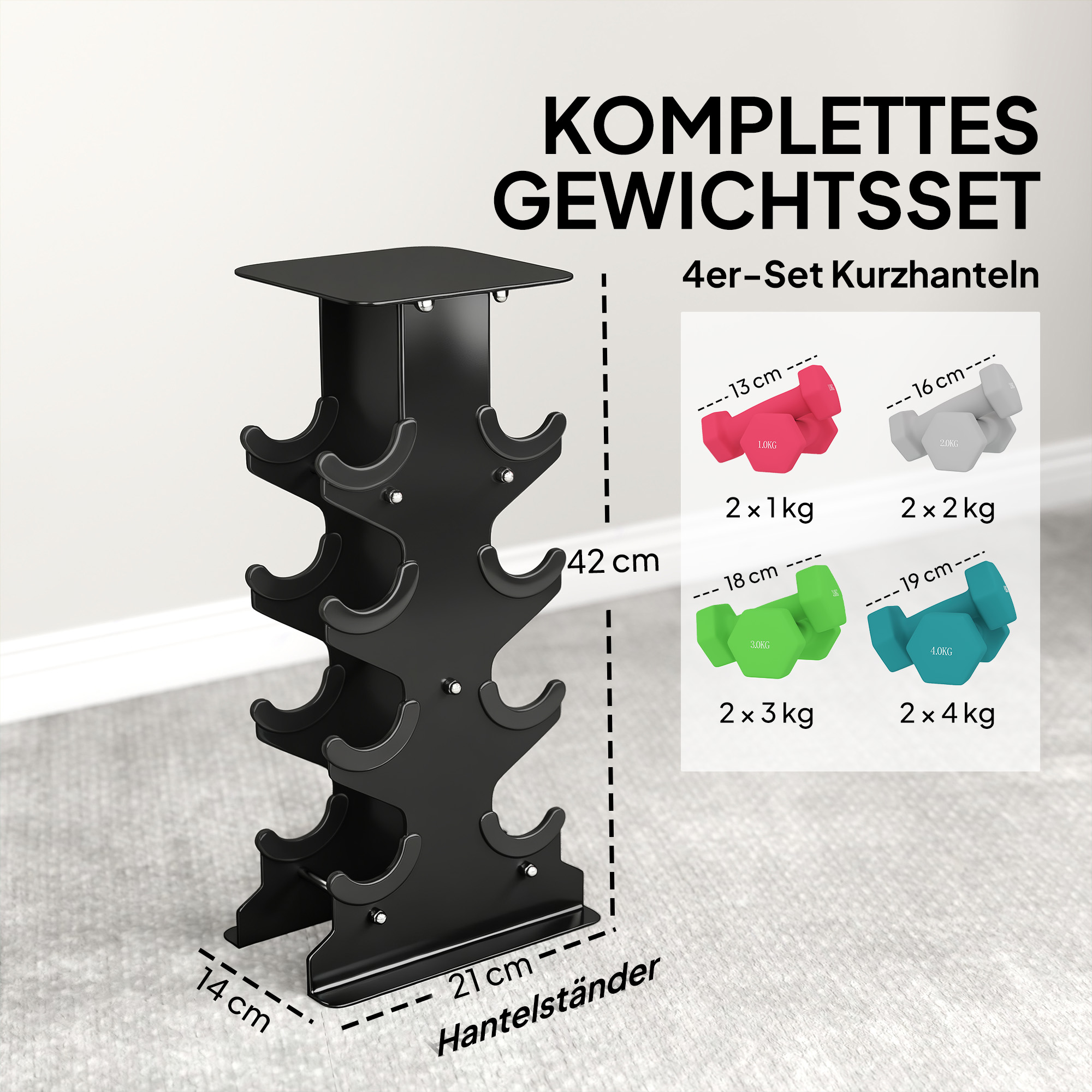 Hantlite komplekt alusega, 8 tk, 1–4 kg, roosa, hall, heleroheline, tumeroheline