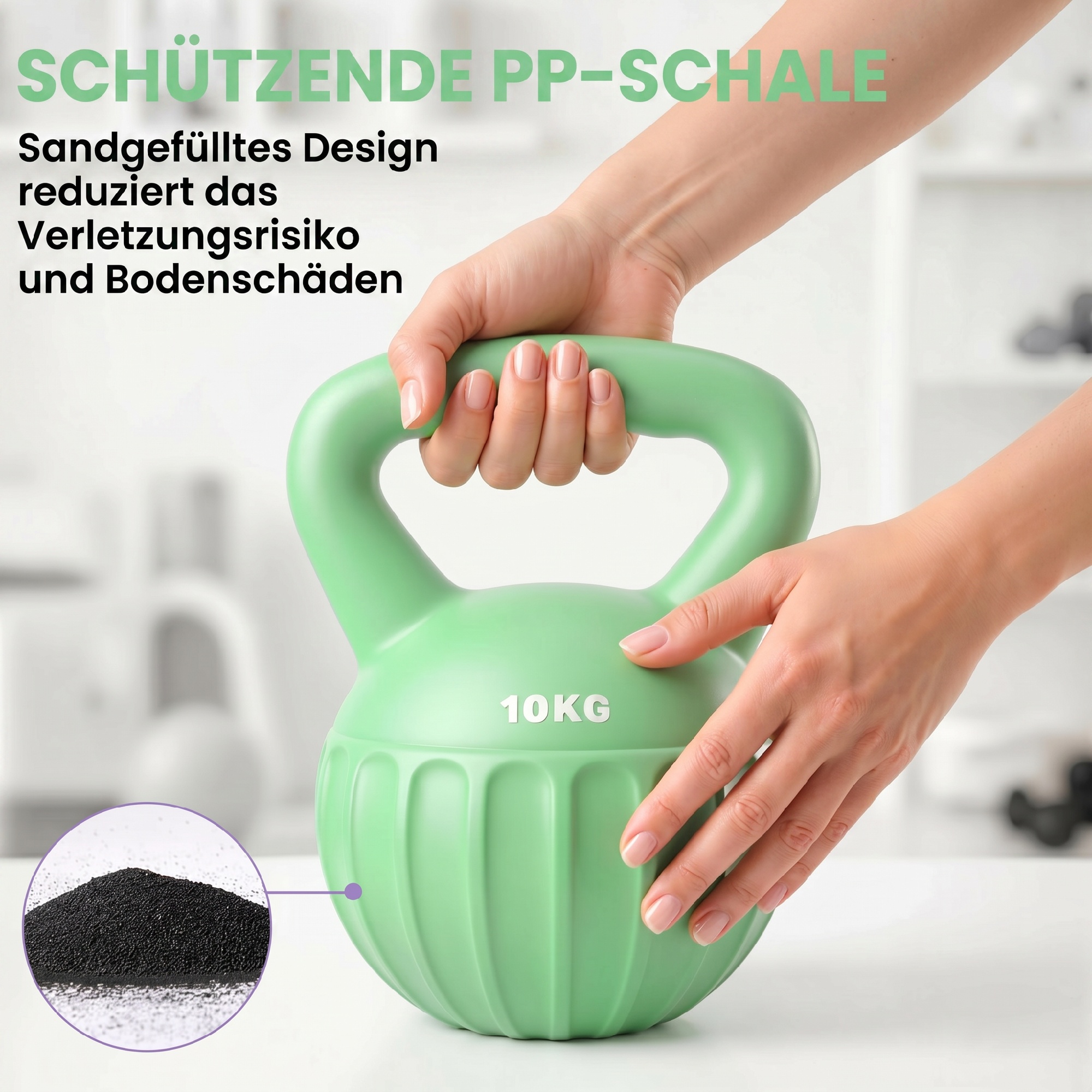 Kettlebell 10 kg, roheline, plast, liivtäide, 21 x 21 x 27 cm
