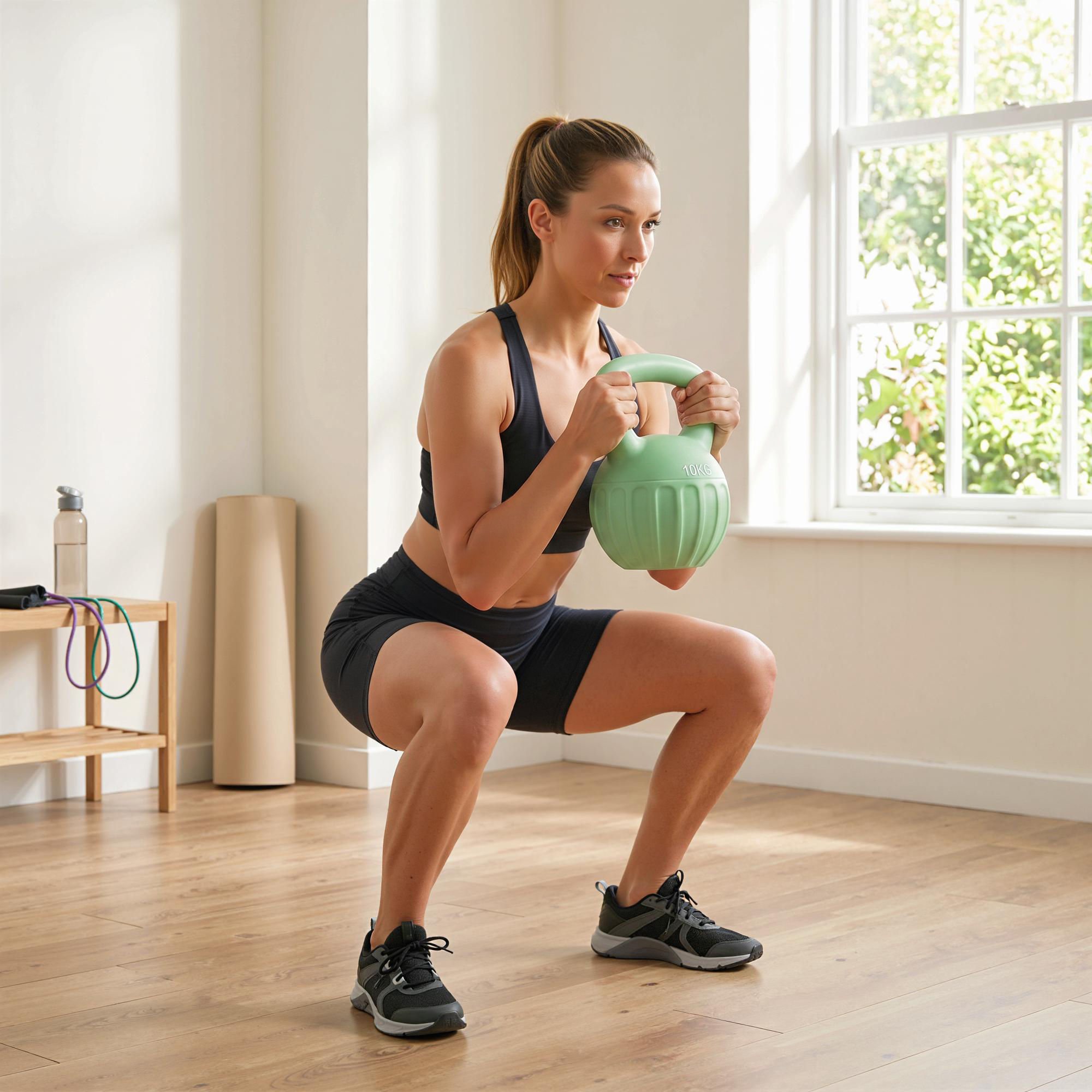 Kettlebell 10 kg, roheline, plast, liivtäide, 21 x 21 x 27 cm