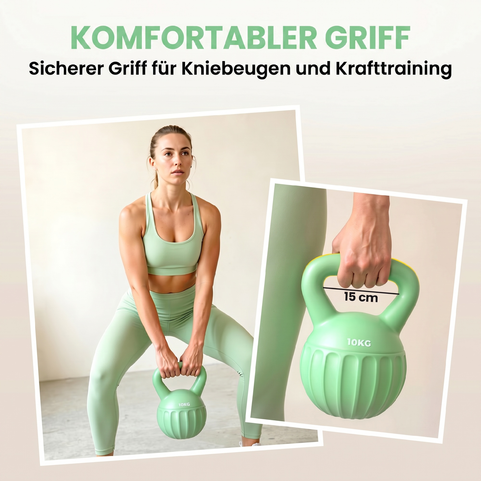 Kettlebell 10 kg, roheline, plast, liivtäide, 21 x 21 x 27 cm