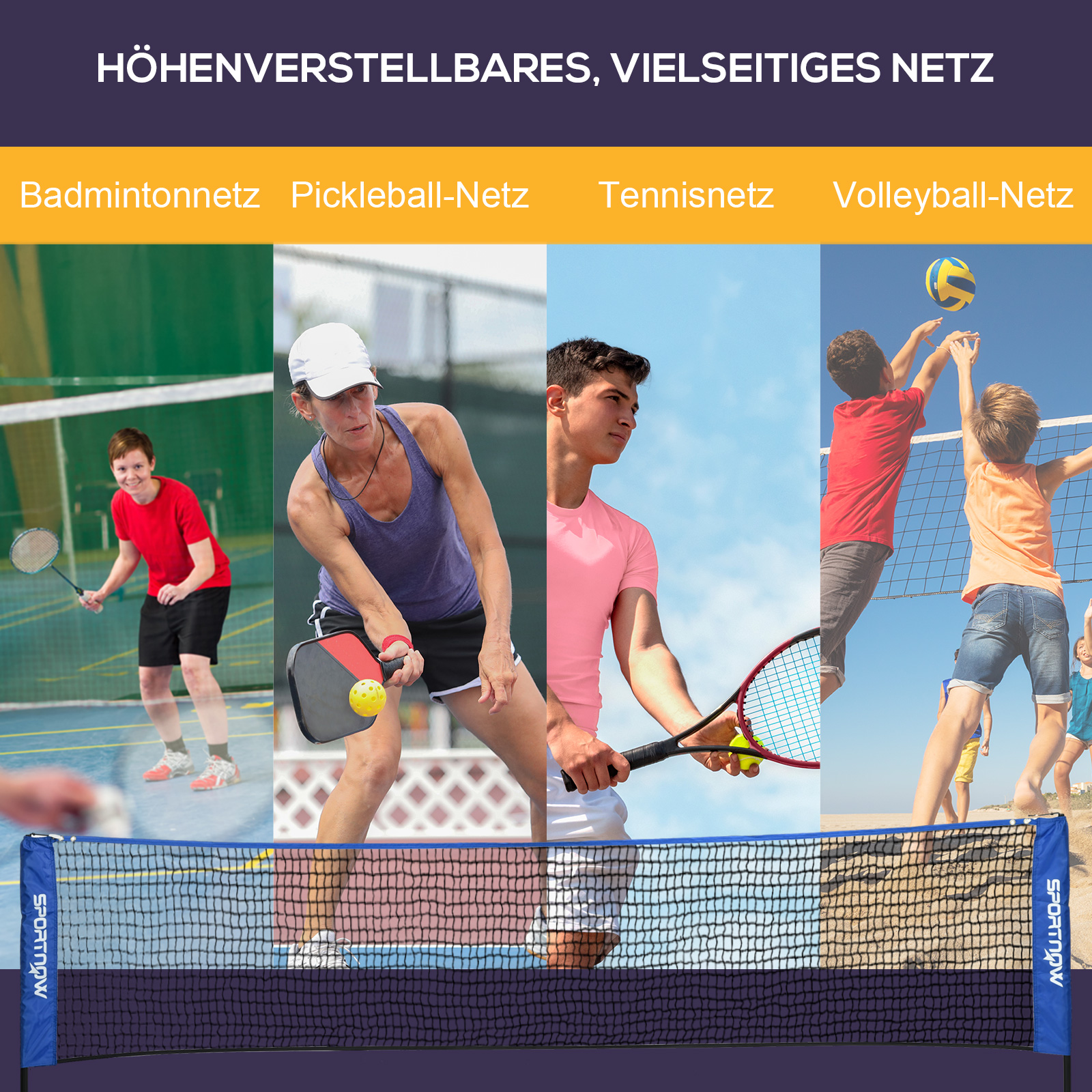 Kaasaskantav badmintonivõrk, reguleeritava kõrgusega, kokkupandav, kandekotiga, 3,10 m, must/sinine