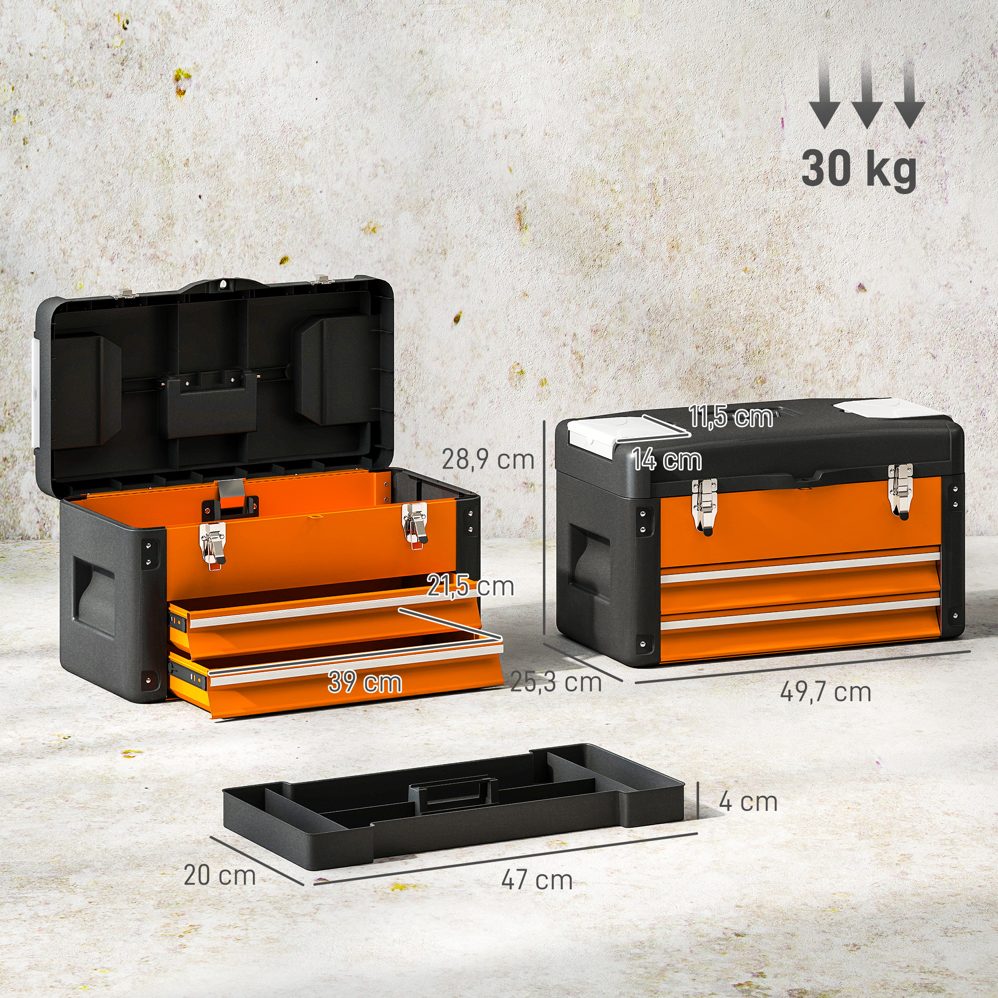 Tööriistakast sahtliga, 49,7 x 25,3 x 28,9 cm, oranž, teras