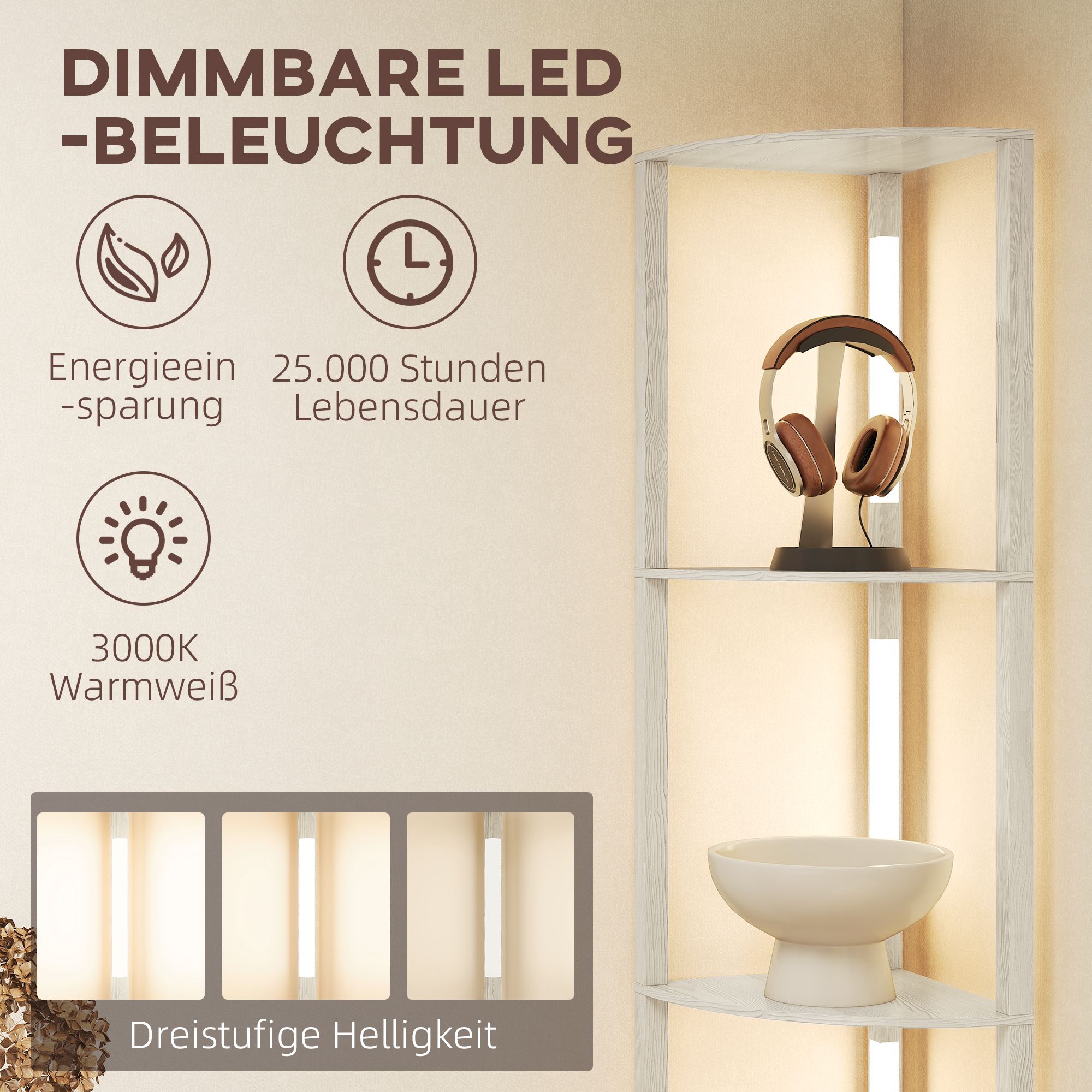 LED põrandalamp riiulitega, 4 riiulit, 41 x 29,5 x 163,5 cm, tammevärvi