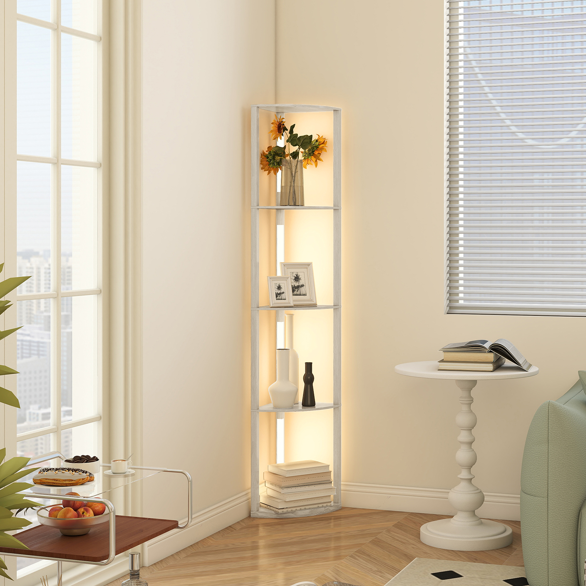 LED põrandalamp riiulitega, 4 riiulit, 41 x 29,5 x 163,5 cm, tammevärvi