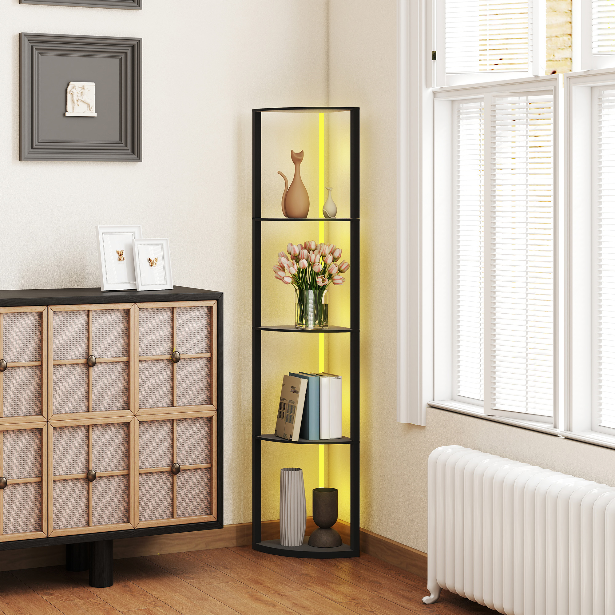 Riiulitega põrandalamp, must, MDF, 42 x 29,5 x 163 cm
