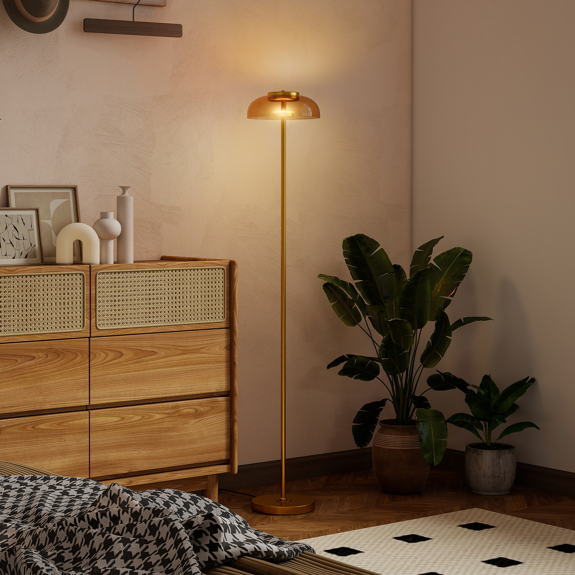 LED põrandalamp elutuppa, 3000 K soe valgus, jalglüliti, 25 x 25 x 134 cm, messing