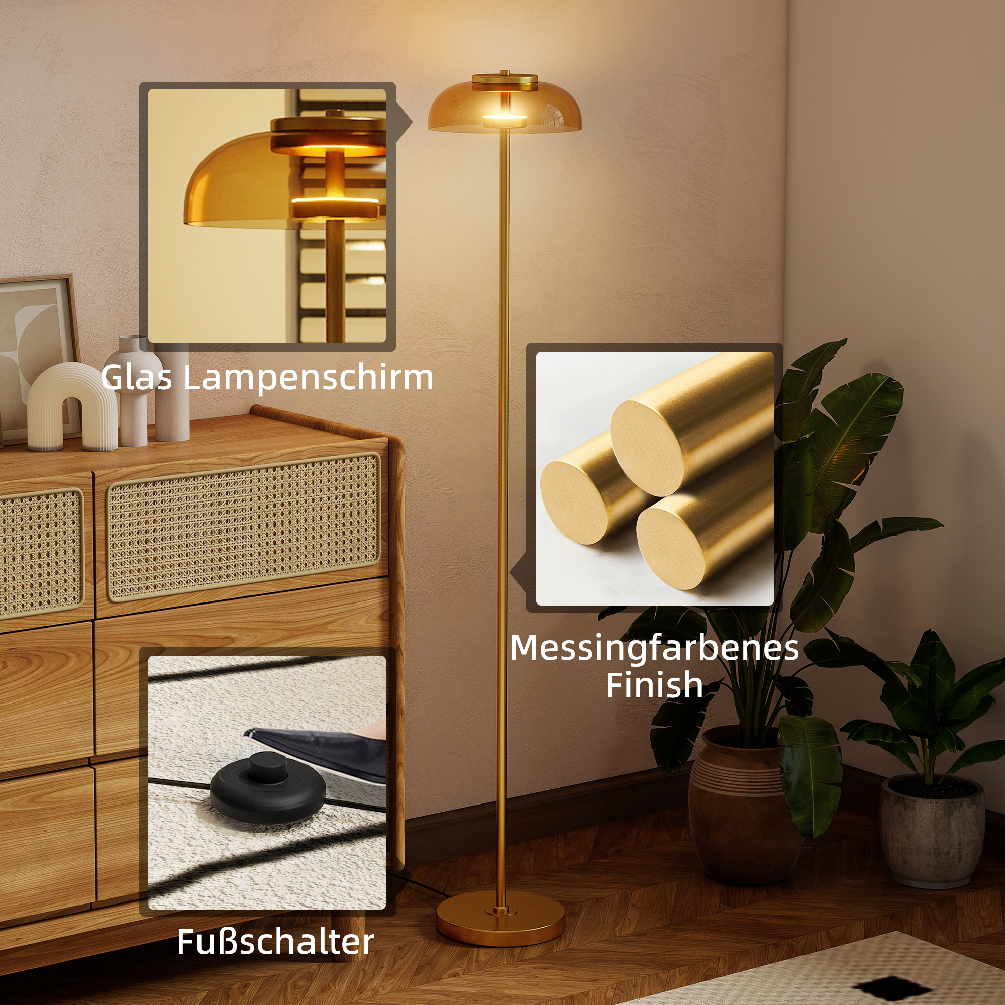 LED põrandalamp elutuppa, 3000 K soe valgus, jalglüliti, 25 x 25 x 134 cm, messing
