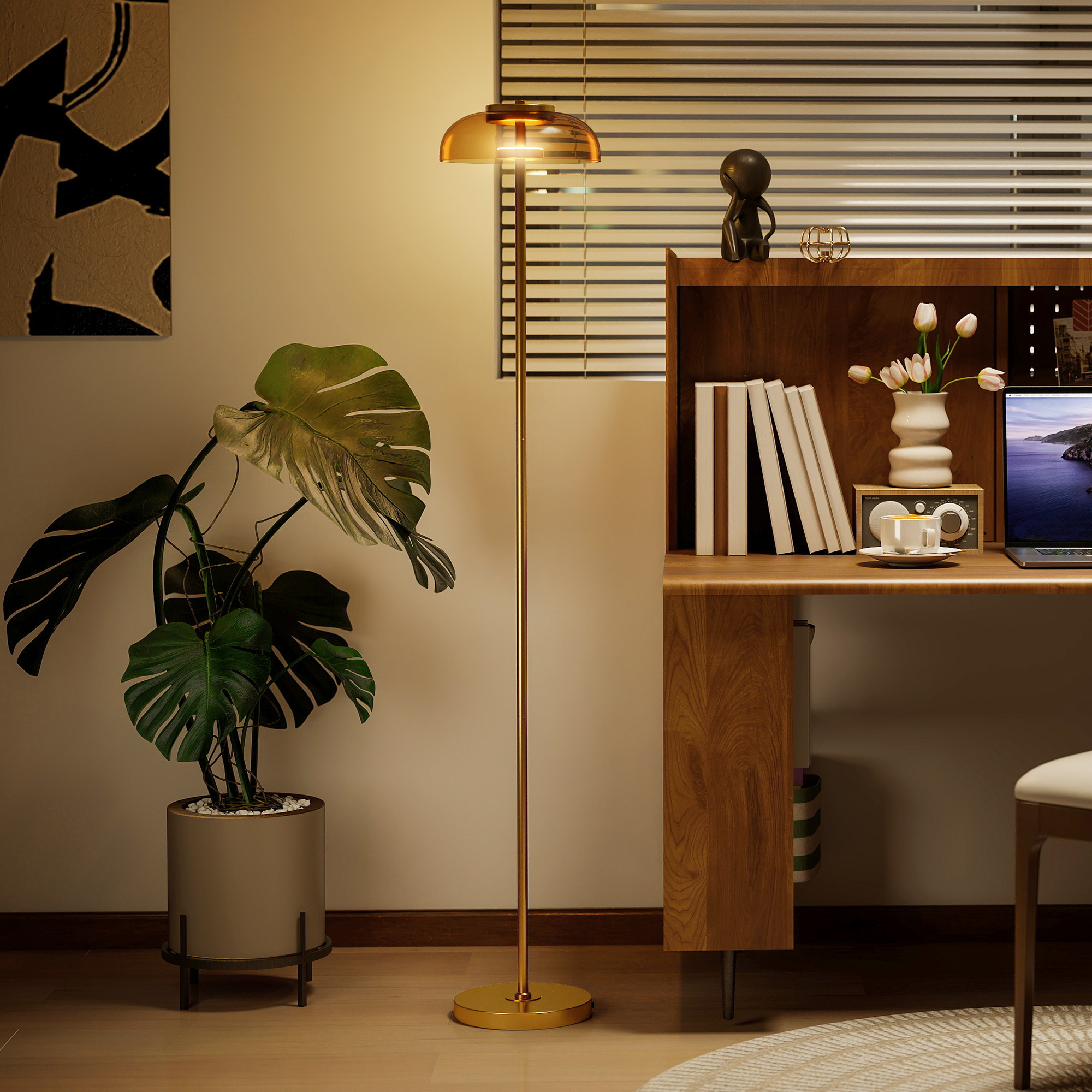 LED põrandalamp elutuppa, 3000 K soe valgus, jalglüliti, 25 x 25 x 134 cm, messing