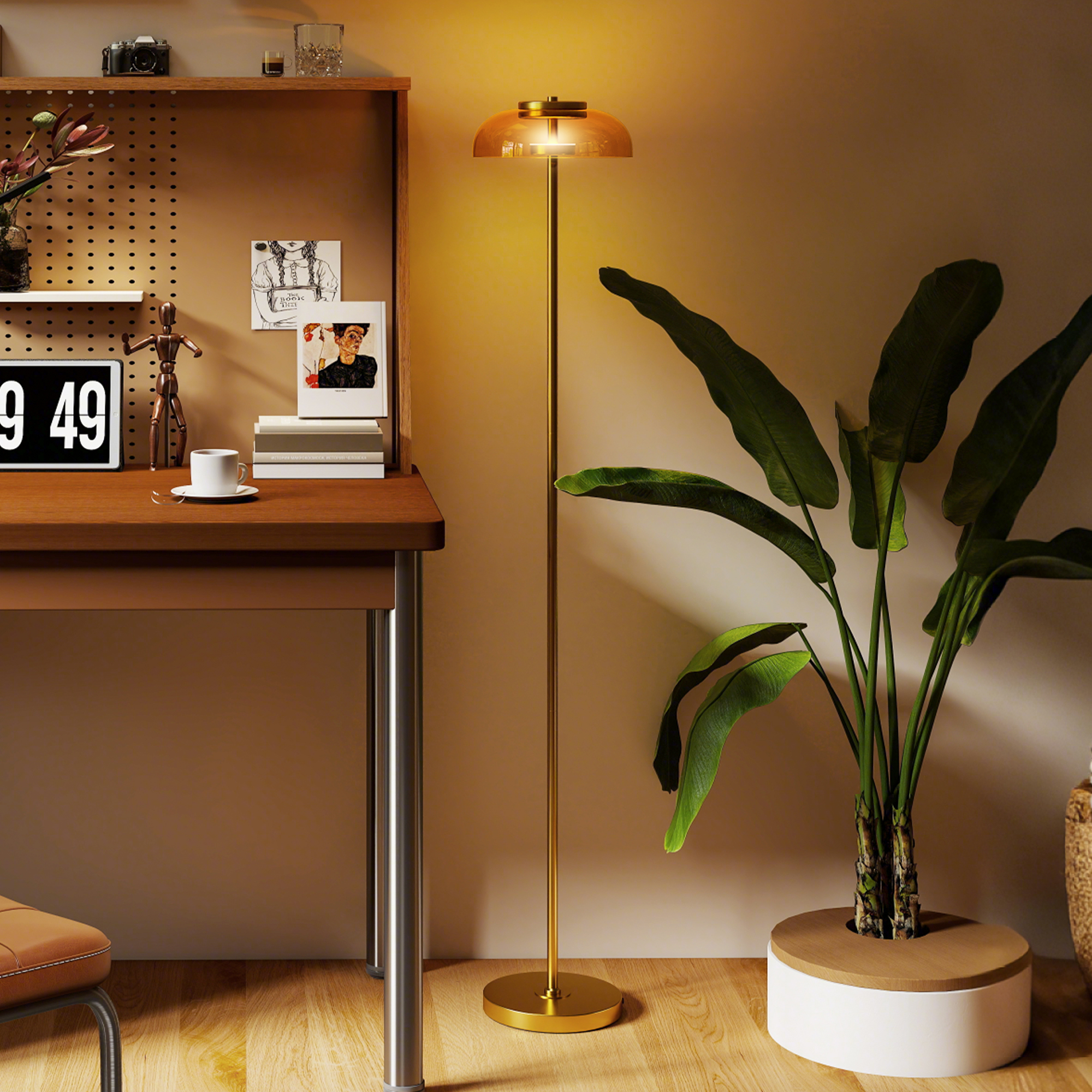LED põrandalamp elutuppa, 3000 K soe valgus, jalglüliti, 25 x 25 x 134 cm, messing