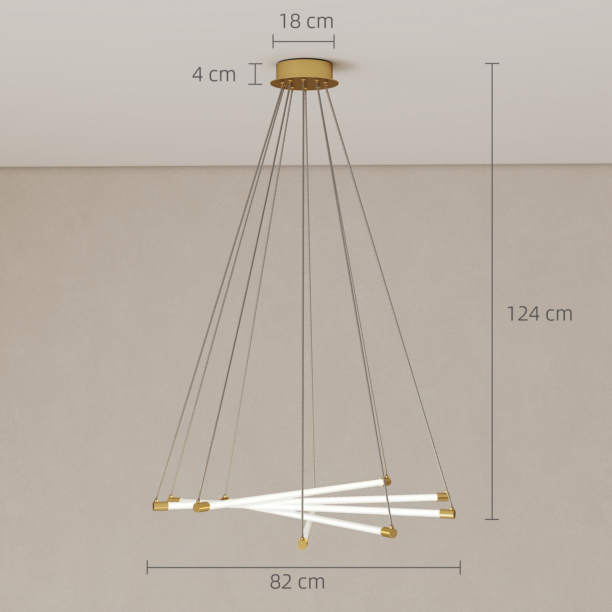 LED-laevalgusti, 50 W, reguleeritav, 5 reguleeritavat valgustoru, kuldne+valge, Ø82 x 124 cm