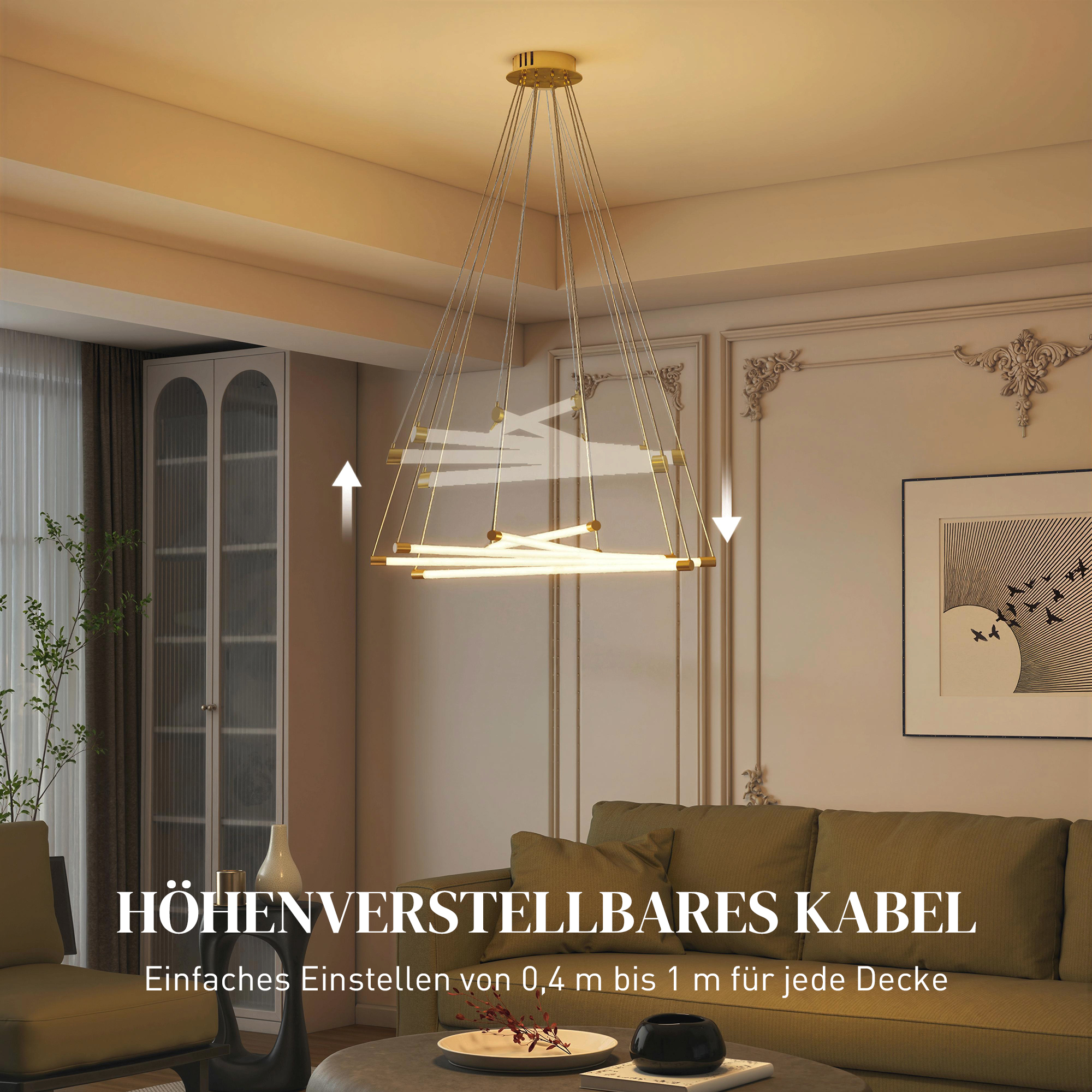 LED-laevalgusti, 50 W, reguleeritav, 5 reguleeritavat valgustoru, kuldne+valge, Ø82 x 124 cm
