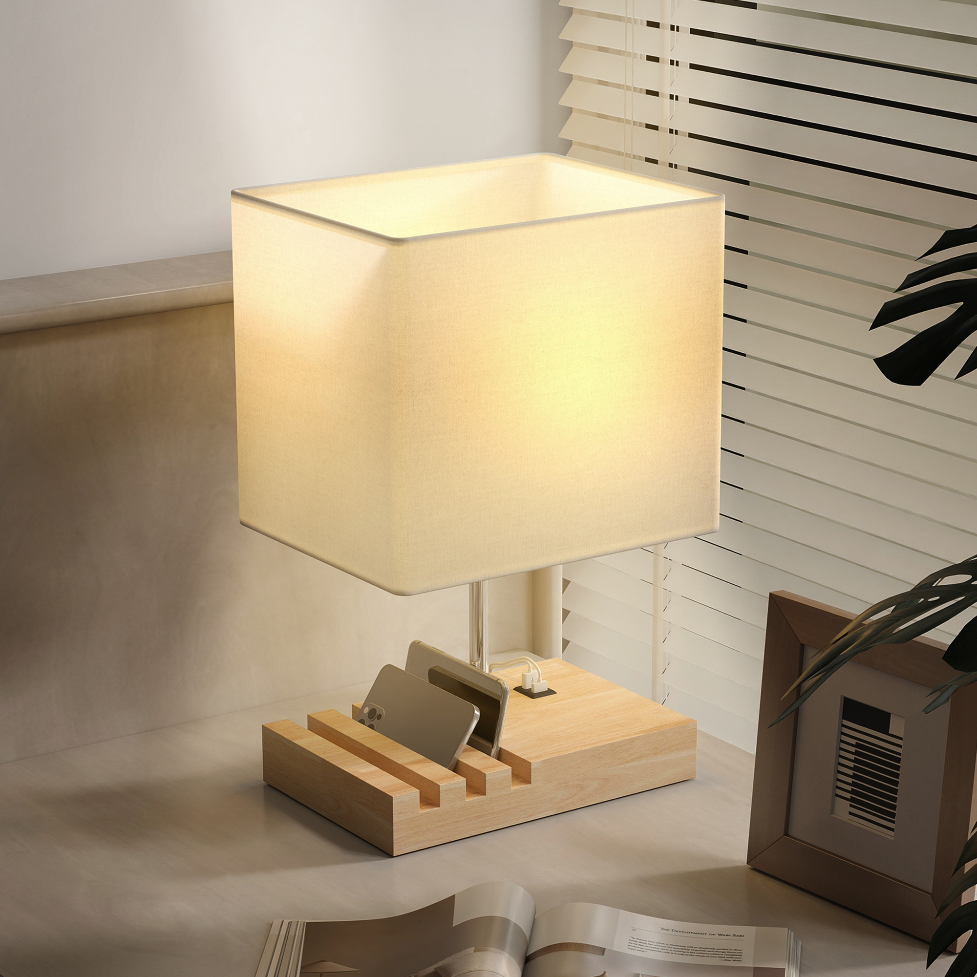 Laualamp USB-pesadega, puit, kangas, valge, 25 x 20 x 40,5 cm