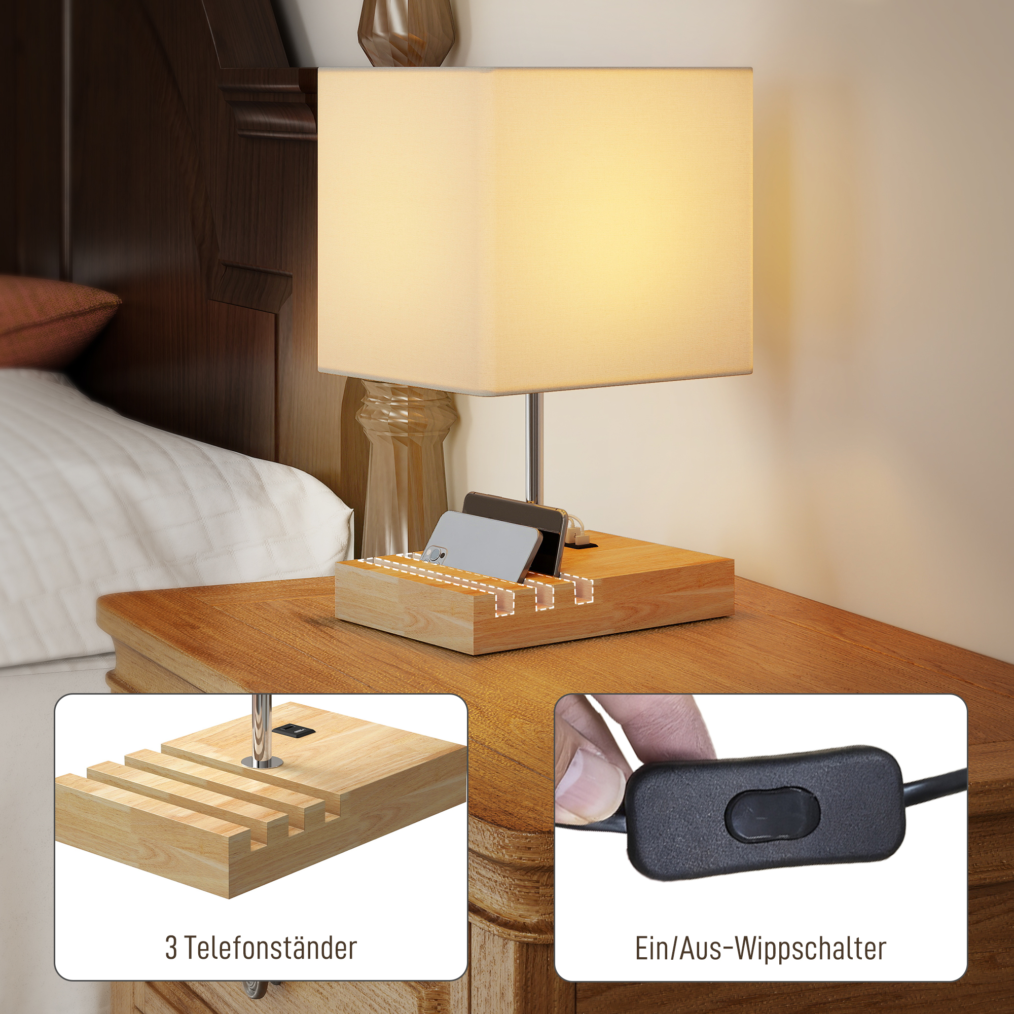 Laualamp USB-pesadega, puit, kangas, valge, 25 x 20 x 40,5 cm