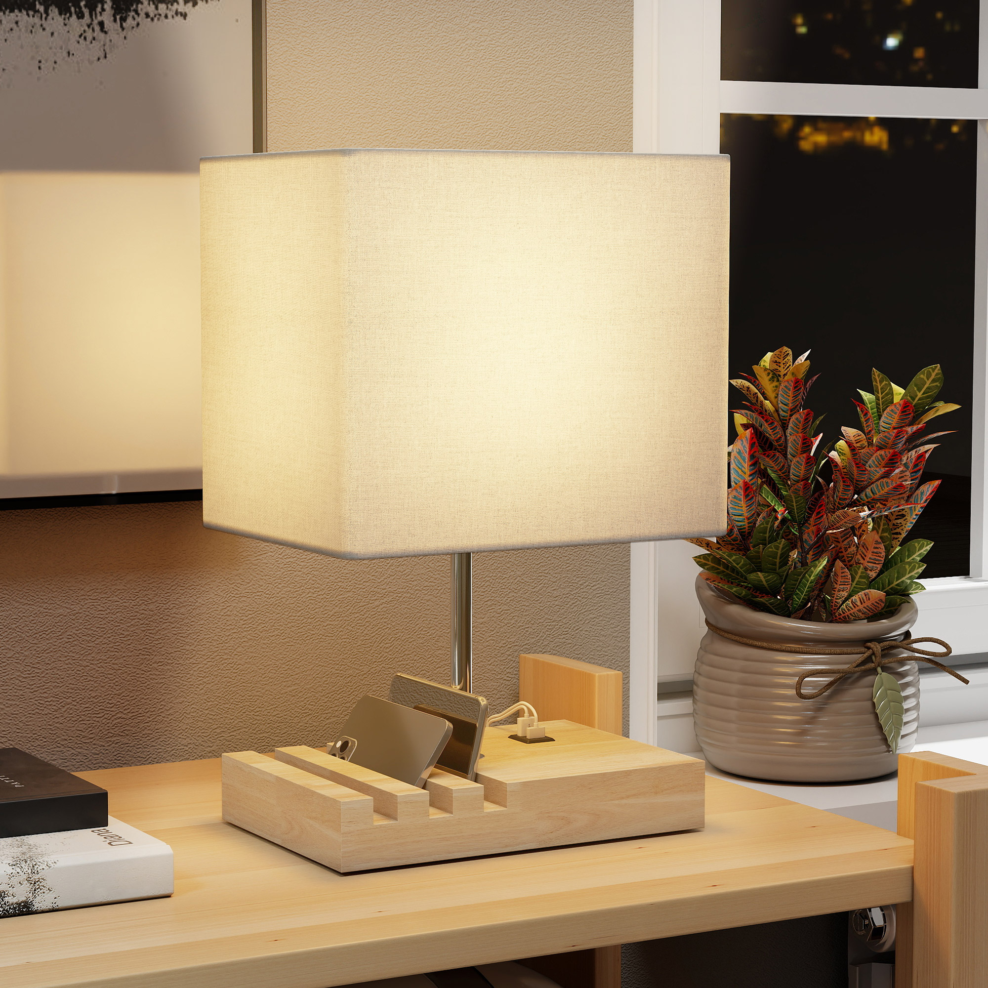 Laualamp USB-pesadega, puit, kangas, valge, 25 x 20 x 40,5 cm