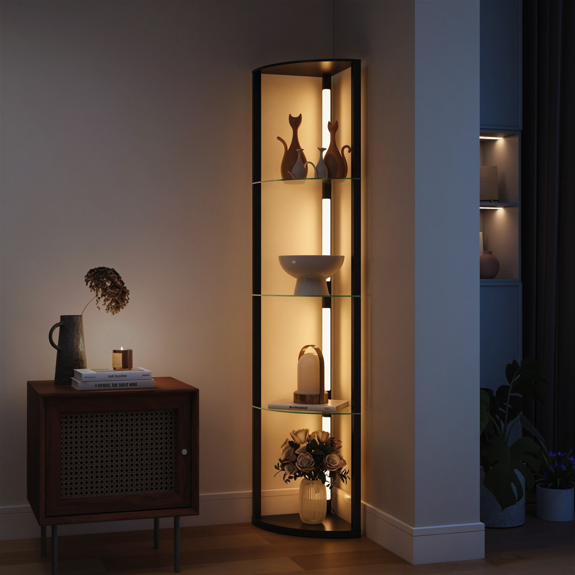 LED põrandalamp klaasriiulitega, must, 41,5 x 29,5 x 162 cm