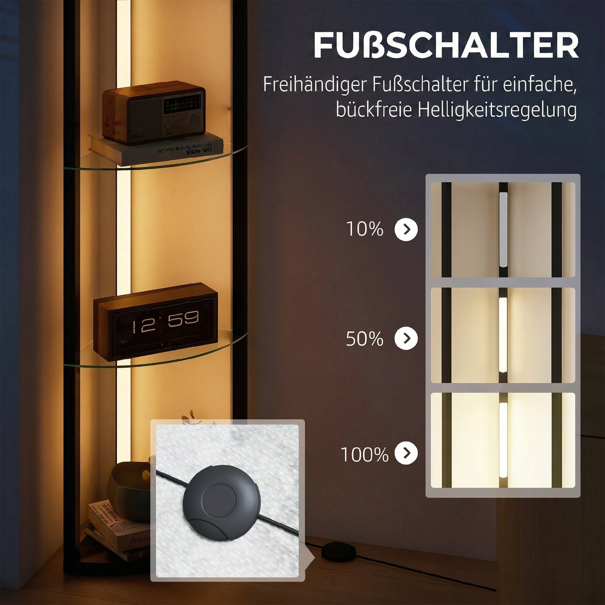 LED põrandalamp klaasriiulitega, must, 41,5 x 29,5 x 162 cm