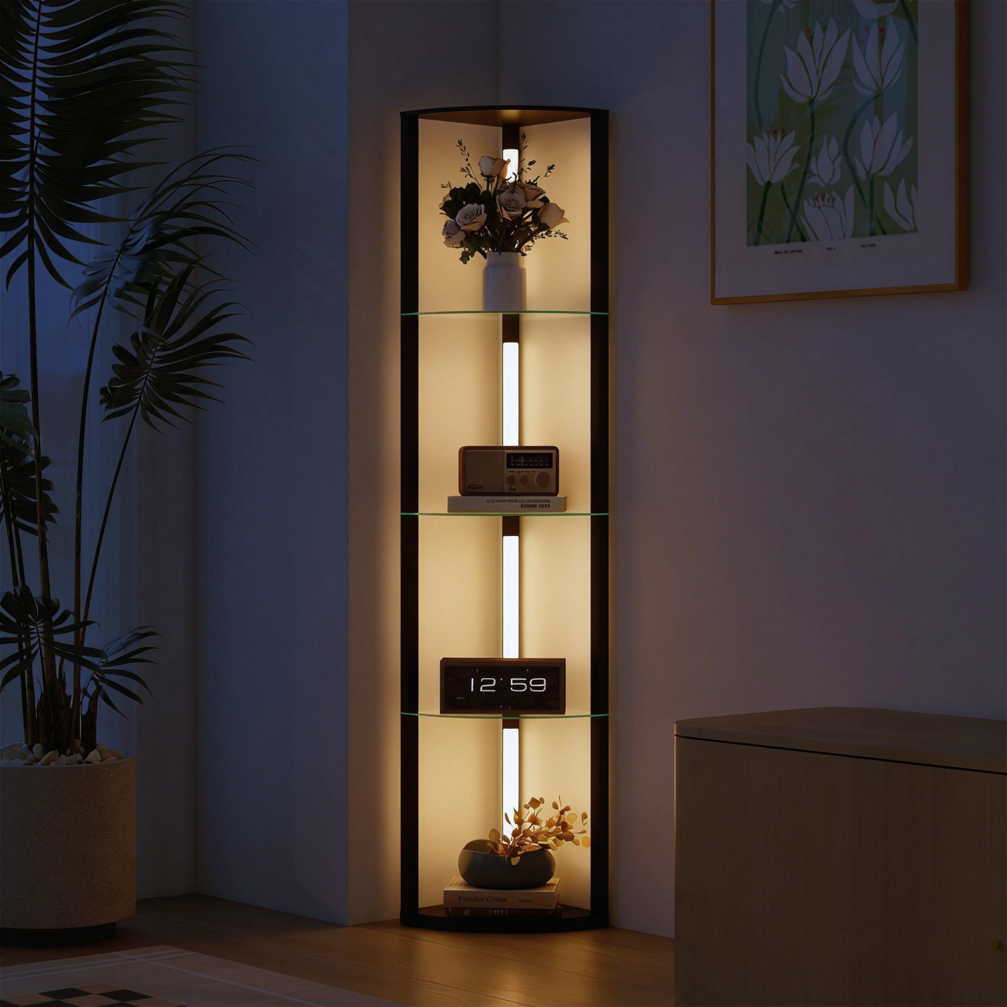 LED põrandalamp klaasriiulitega, must, 41,5 x 29,5 x 162 cm