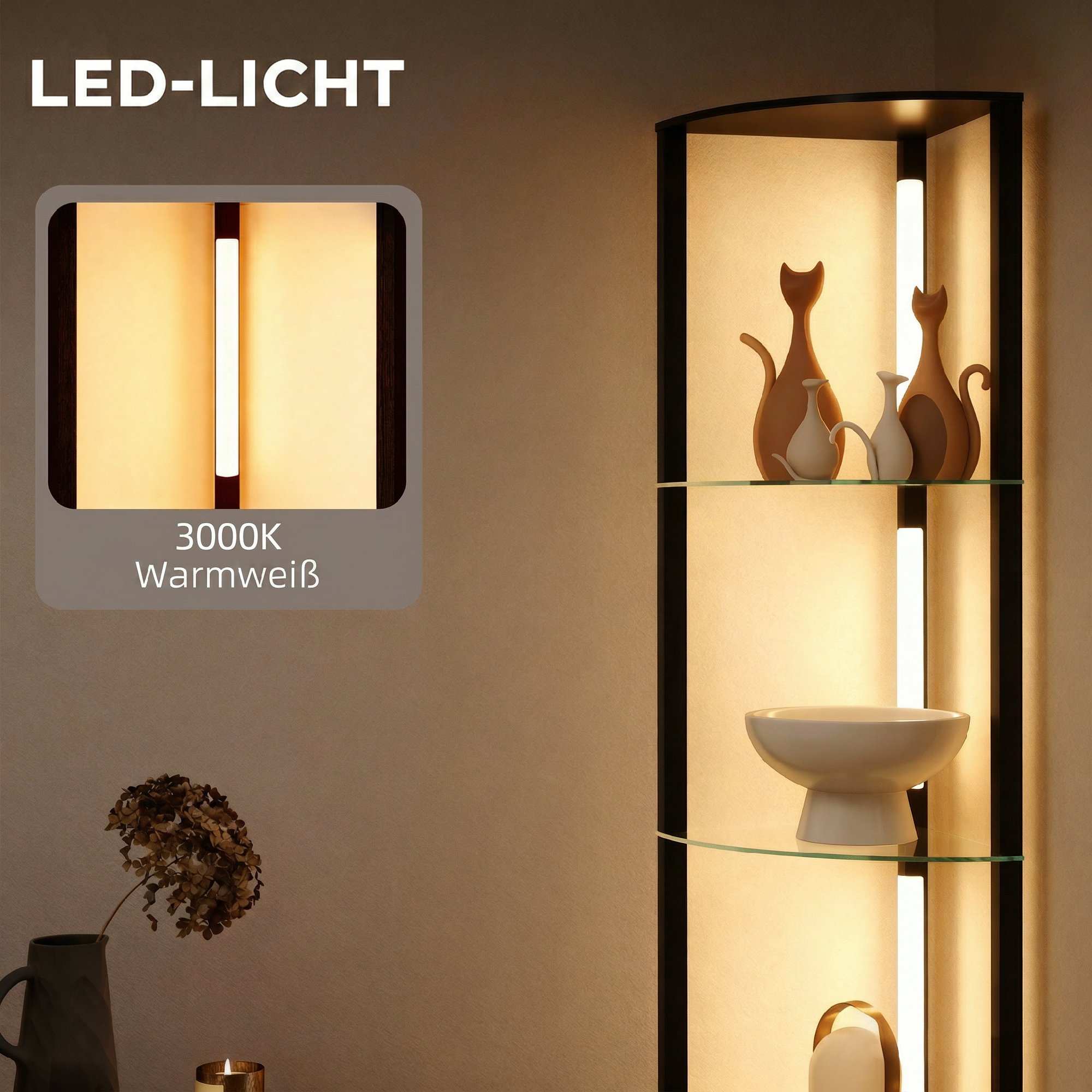 LED põrandalamp klaasriiulitega, must, 41,5 x 29,5 x 162 cm
