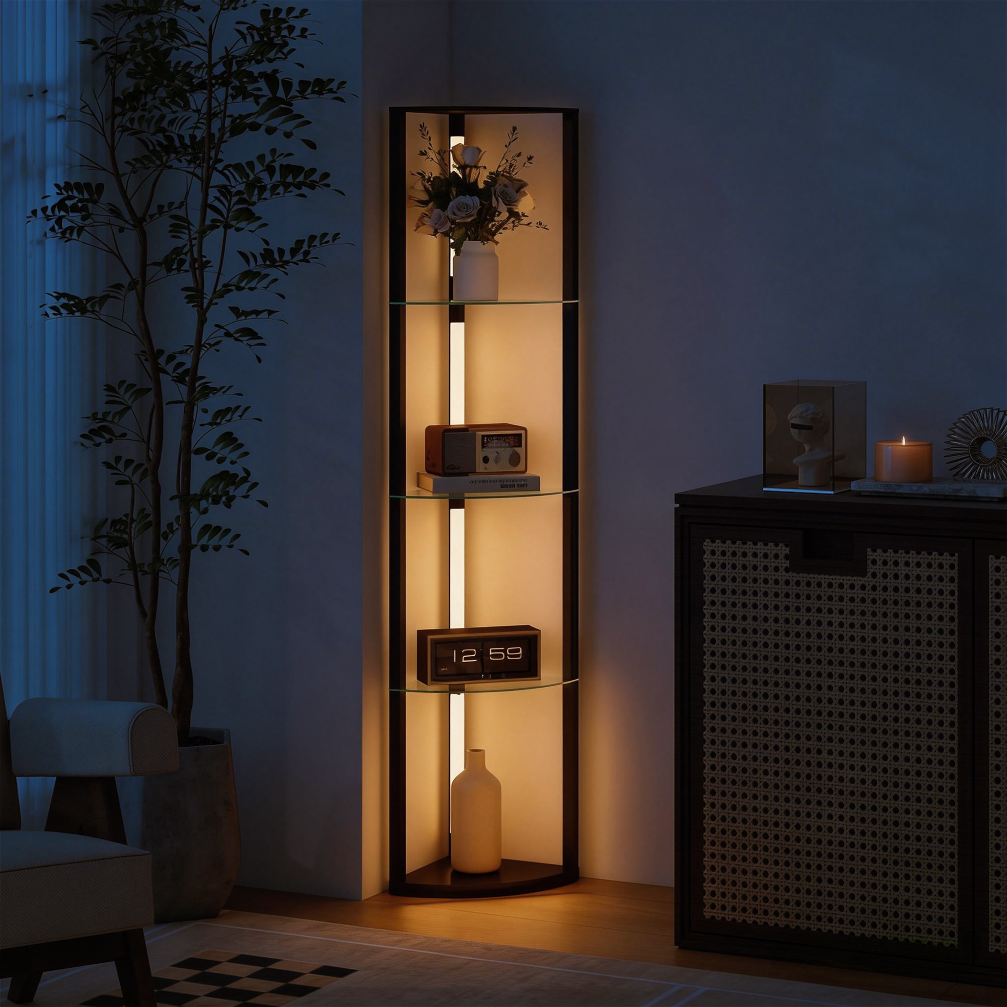 LED põrandalamp klaasriiulitega, must, 41,5 x 29,5 x 162 cm