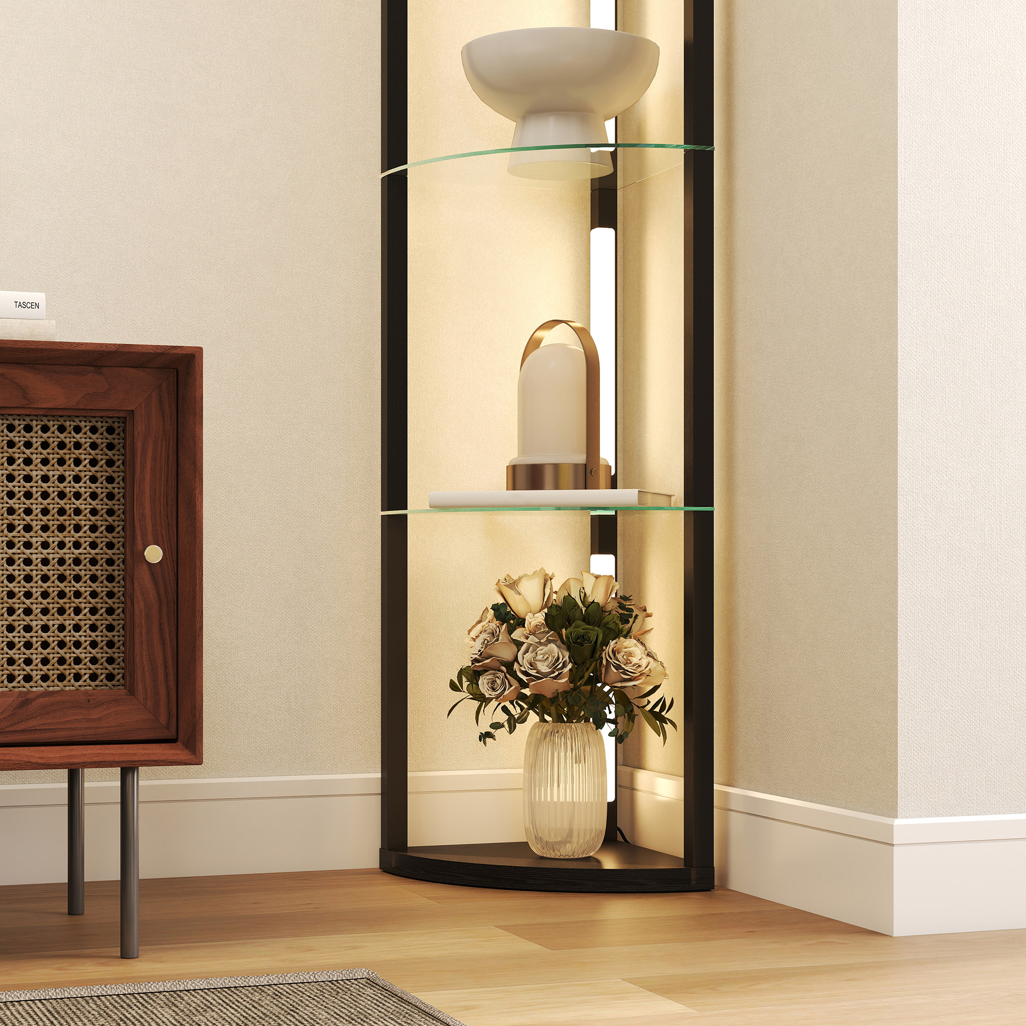 LED põrandalamp klaasriiulitega, must, 41,5 x 29,5 x 162 cm
