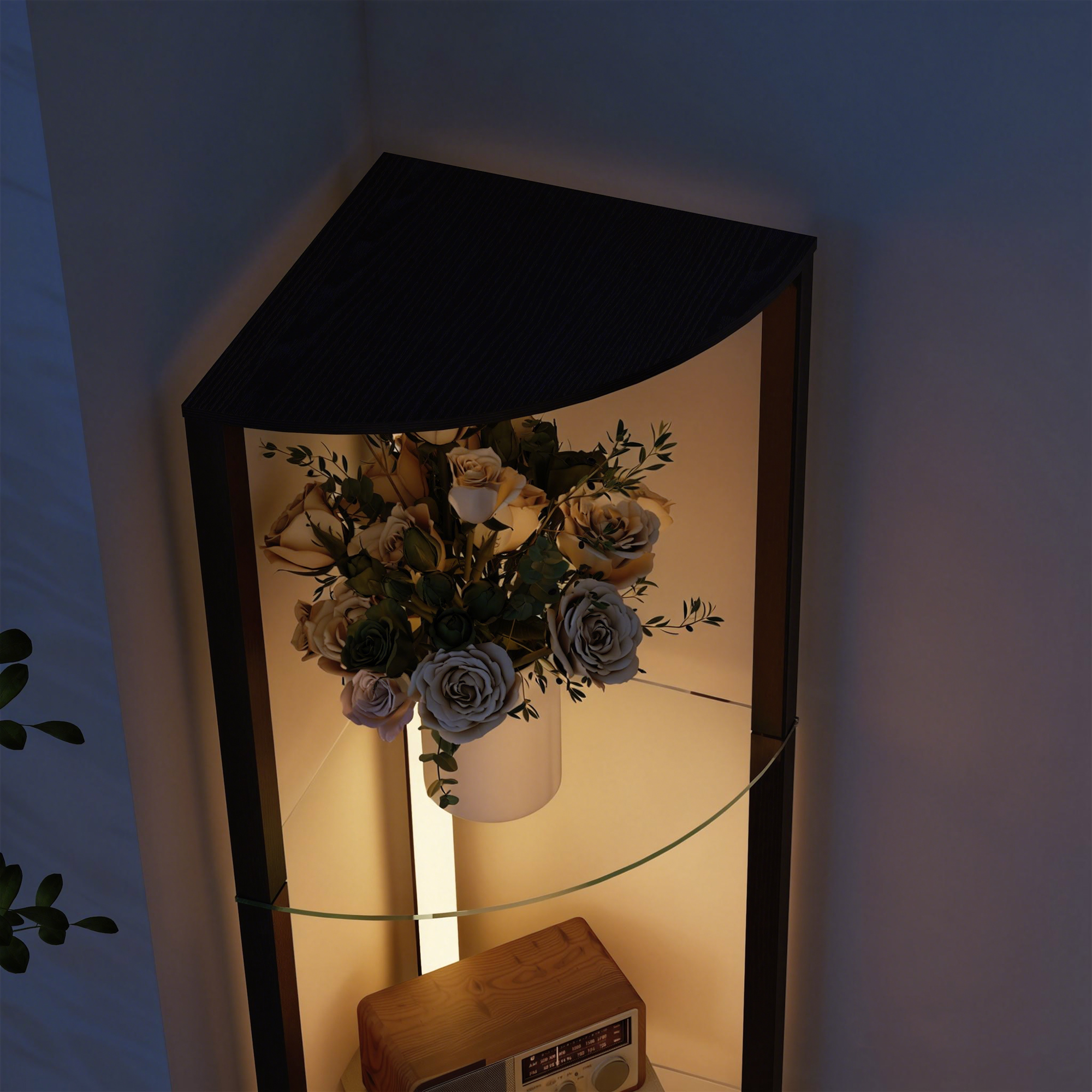 LED põrandalamp klaasriiulitega, must, 41,5 x 29,5 x 162 cm