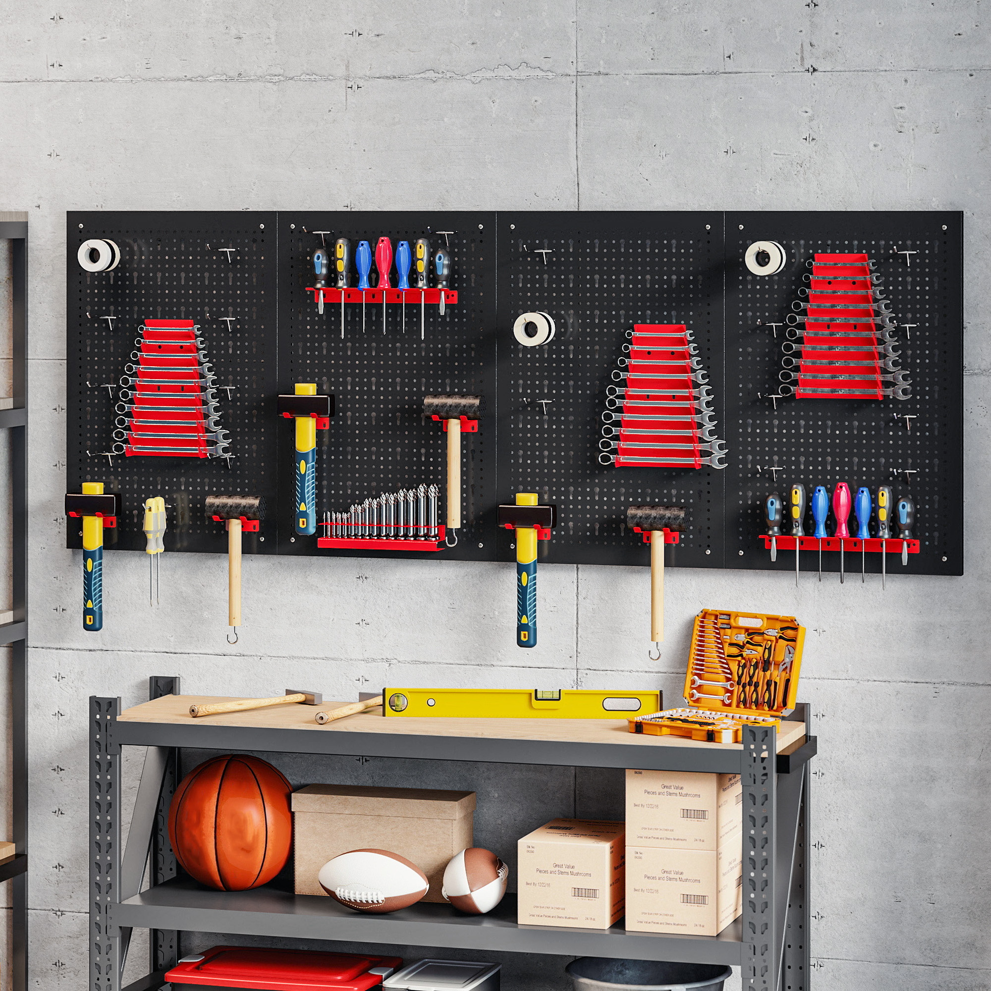 Seinale kinnitatav tööriistade hoiustussüsteem paneelidega, 60 x 160 x 2 cm, 38-osaline komplekt, must+punane
