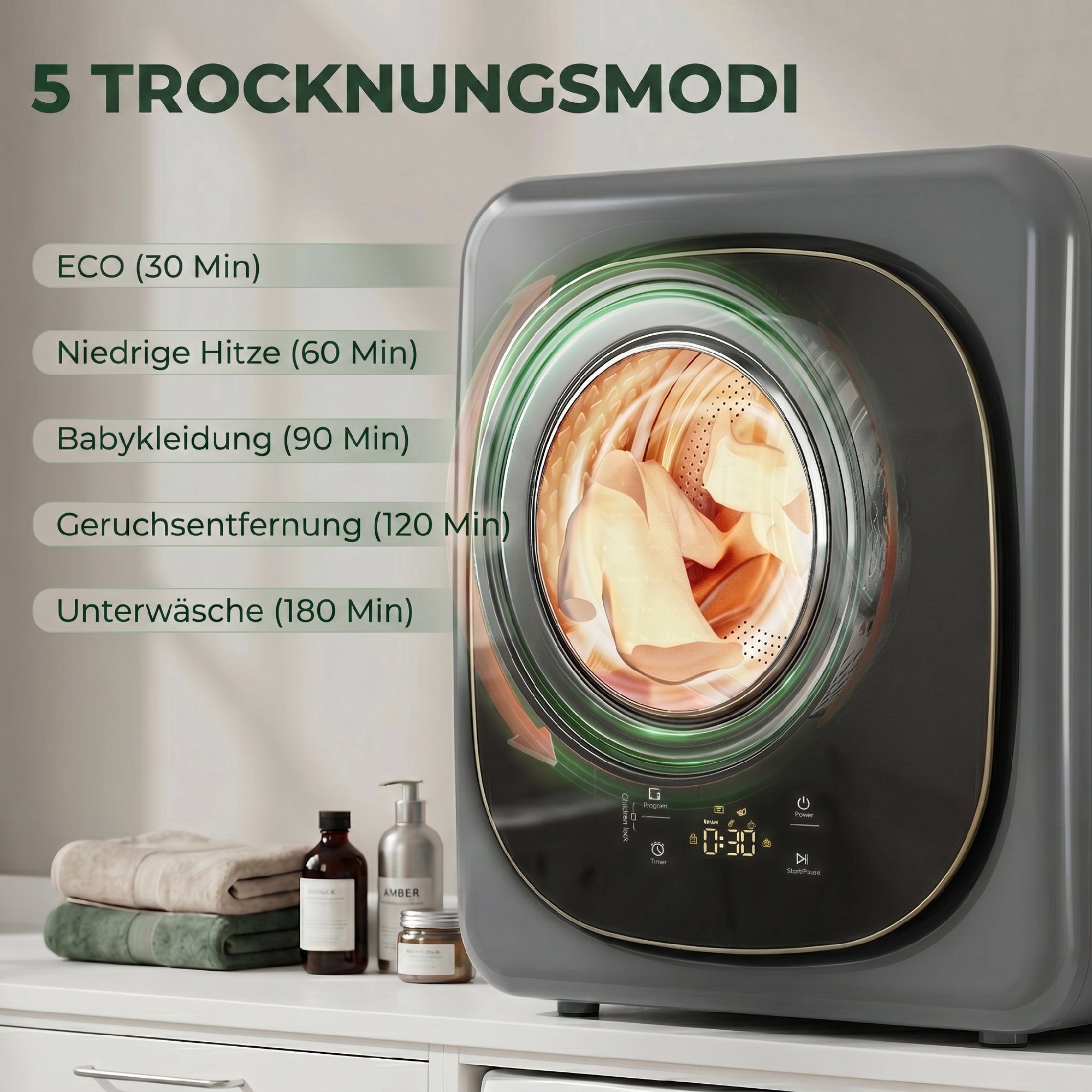 4 kg pesukuivati, kompaktne disain, 5 režiimi, taimer, hall+must