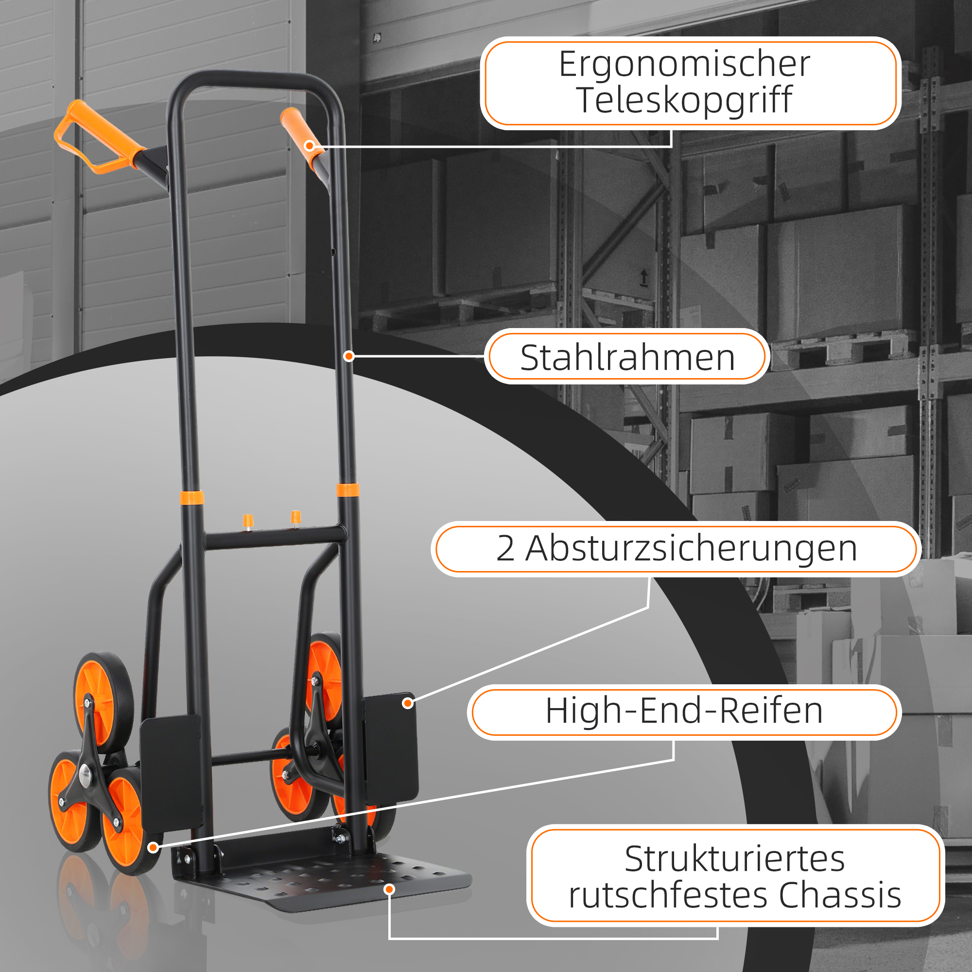 Kokkupandav treppide ronija käru terasraamiga, must/oranž, kuni 120 kg