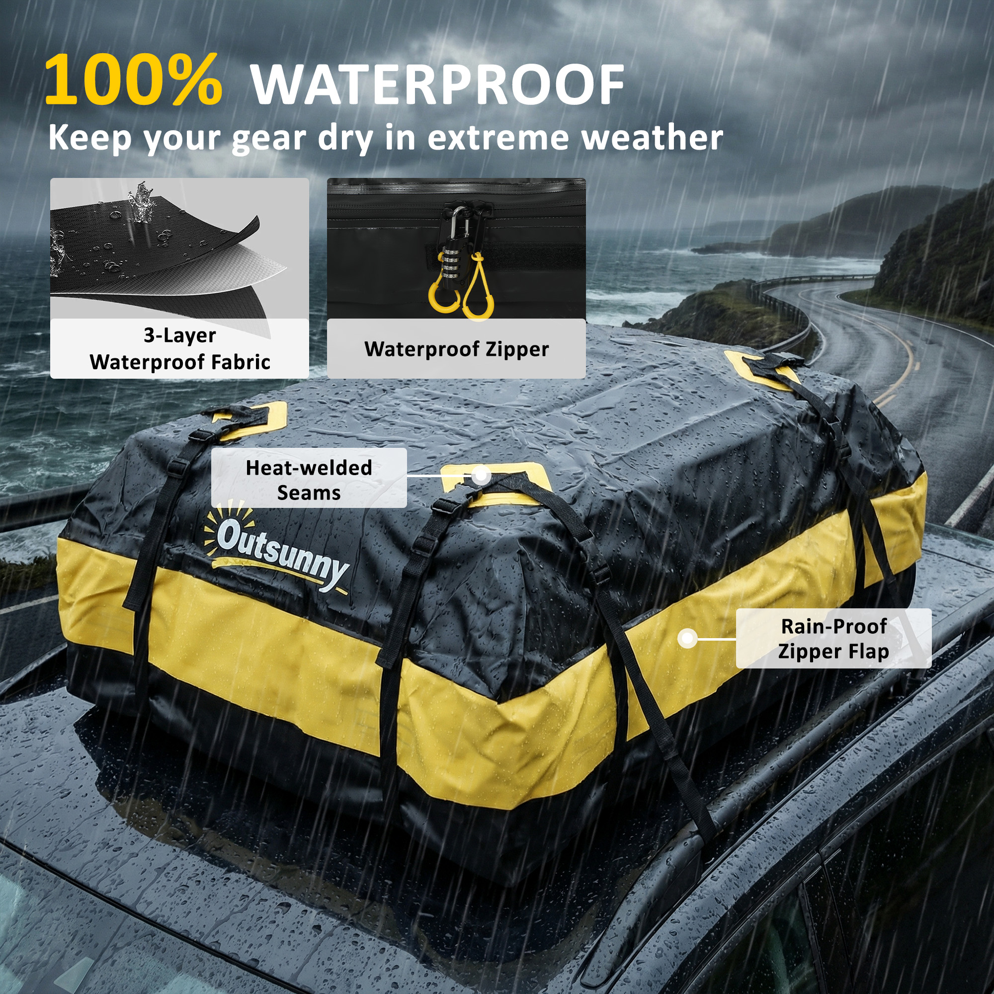 Autokatusel pagasikott, 424,5 l, must / kollane, 112 x 86 x 43 cm