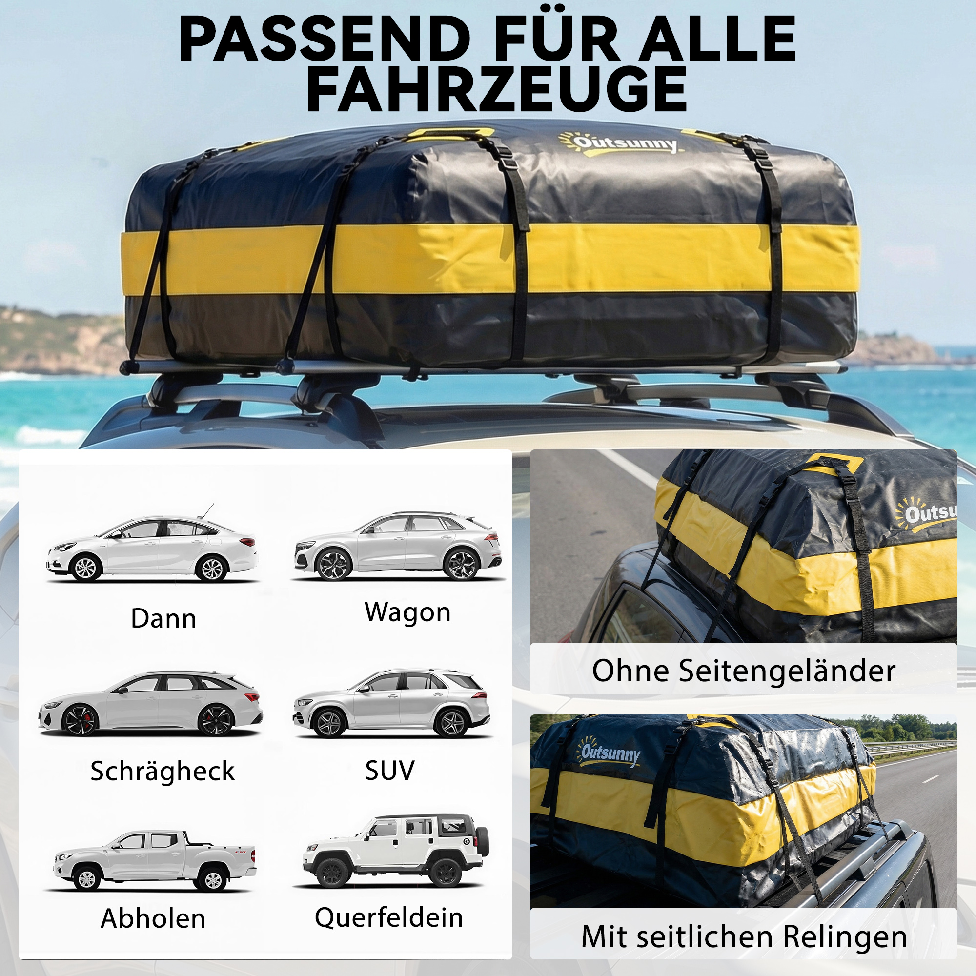 Autokatusel pagasikott, 424,5 l, must / kollane, 112 x 86 x 43 cm