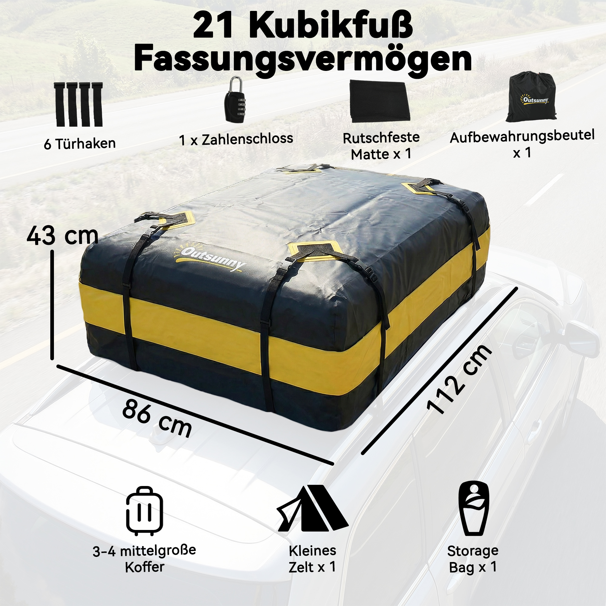 Autokatusel pagasikott, 424,5 l, must / kollane, 112 x 86 x 43 cm