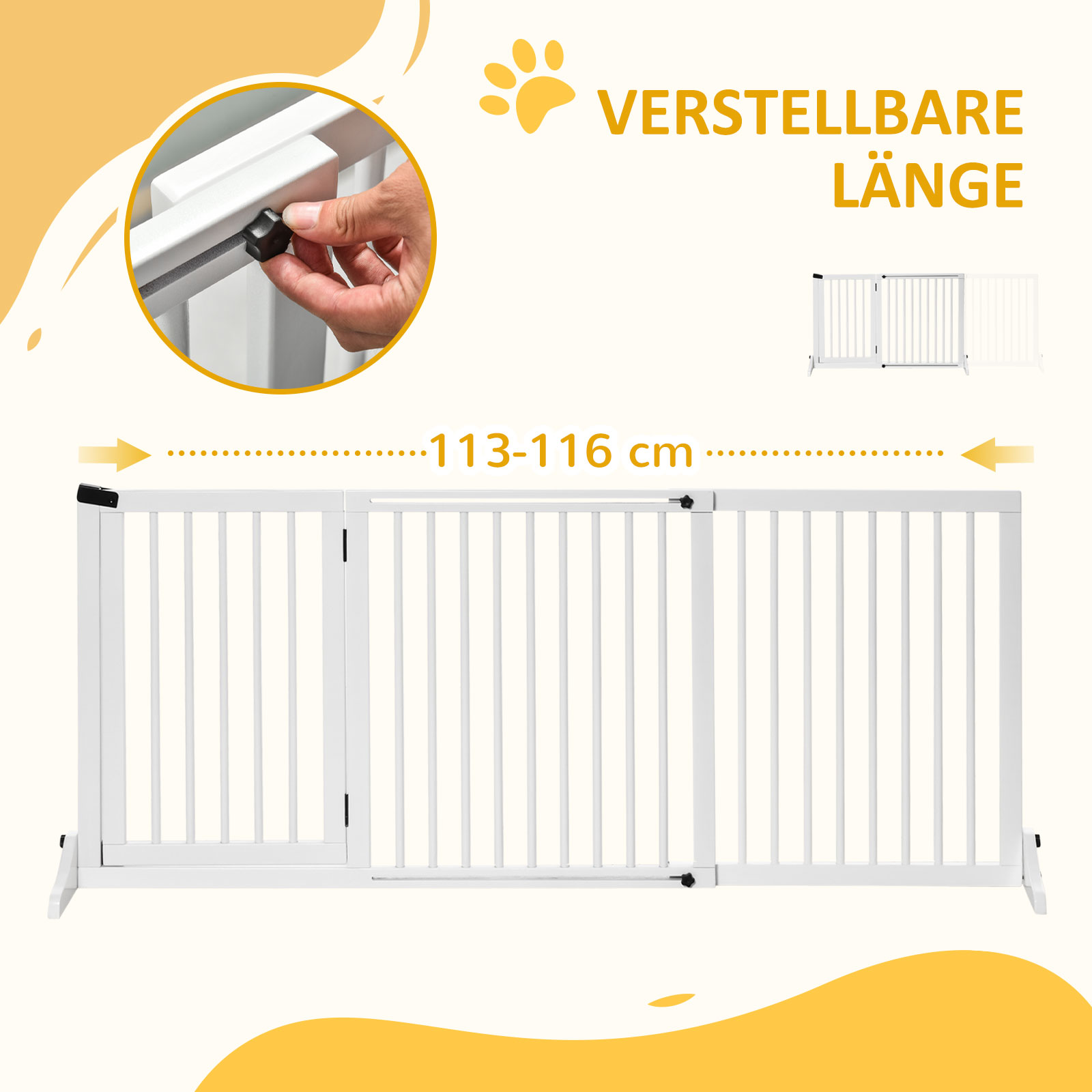 Vabalt seisvad puidust koera väravad, valged, 113-166 x 36 x 71 cm