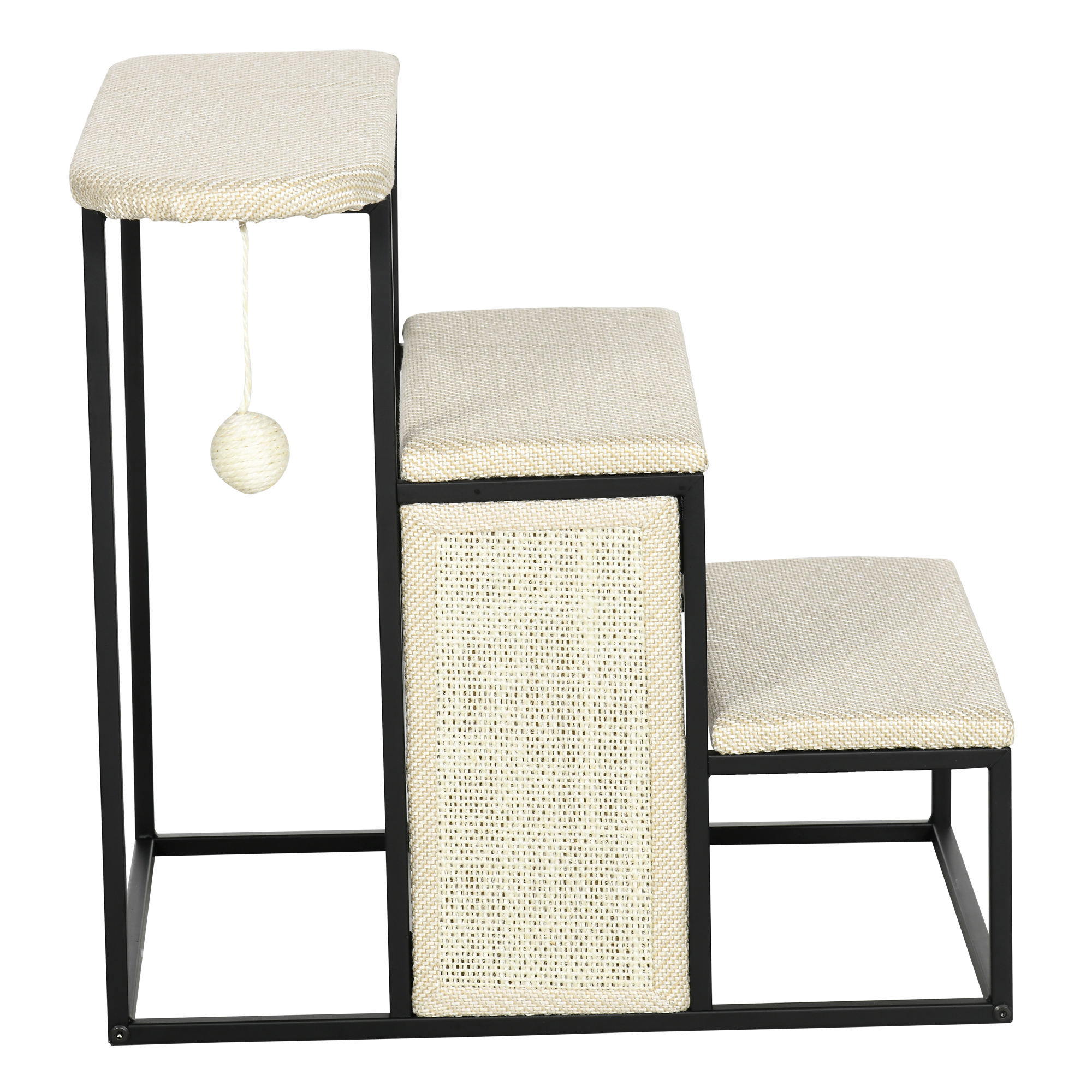 Kassitrepp kraapimislaudaga, 3 astet, mängupall, teras ja sisal, kreemvalge ja must, 51 x 54 x 53 cm