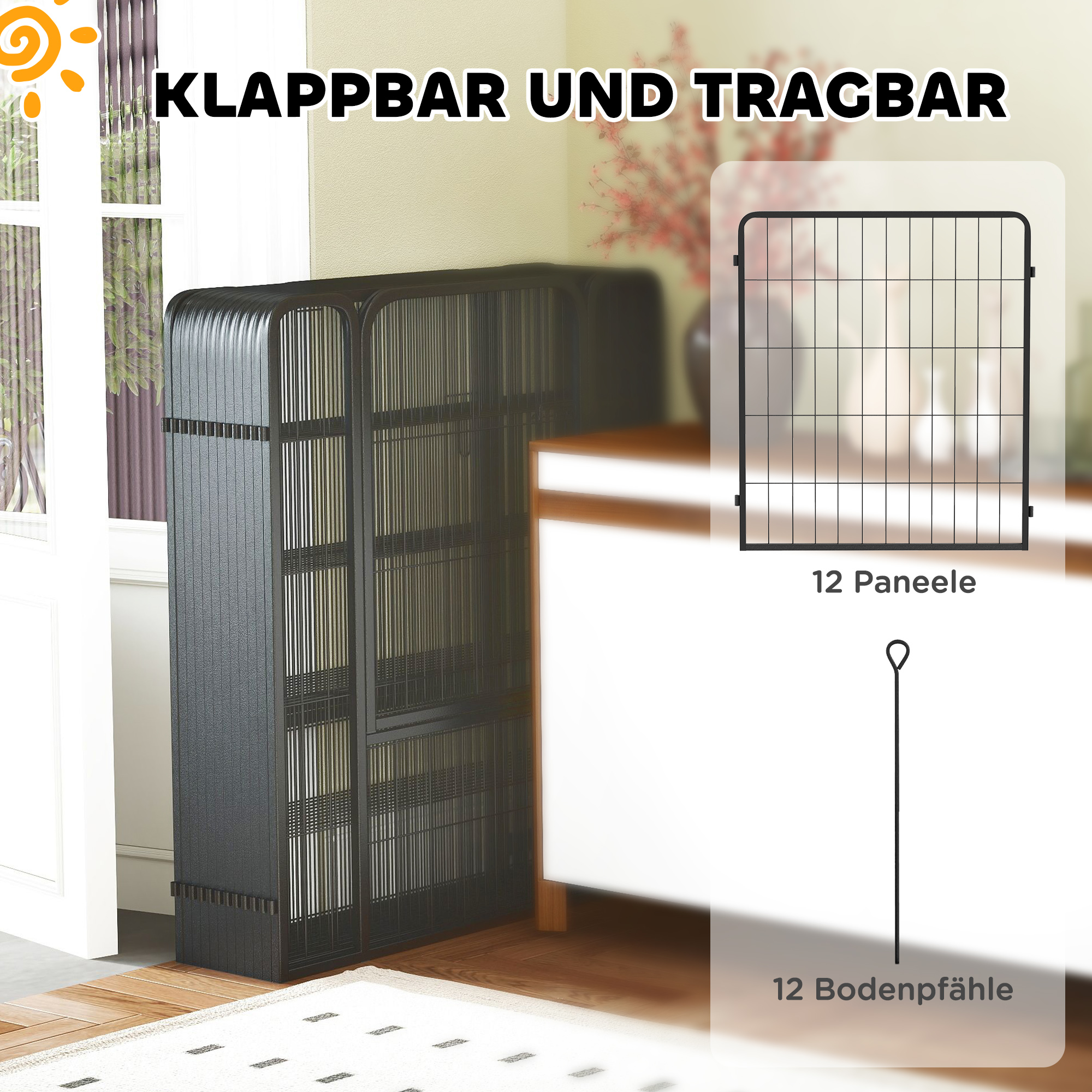 12-osaline kutsikapiire, 12 paneeli, uksed, pinnavai, kokkupandav, must, 100 cm kõrge