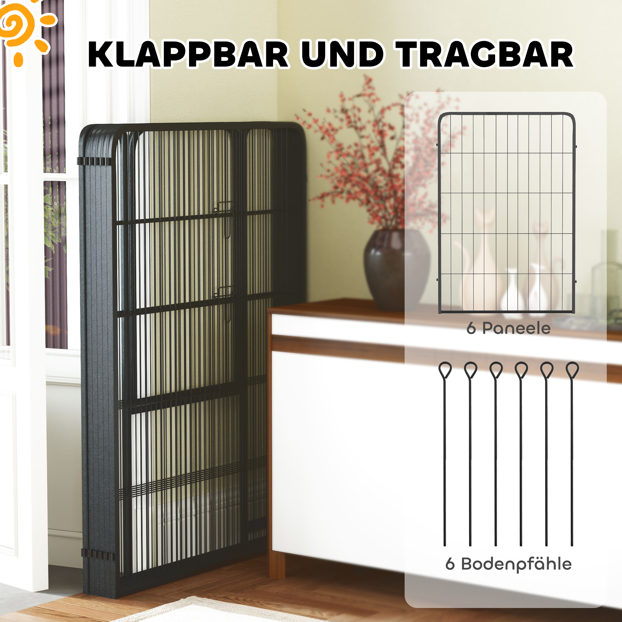 Koerapuur 6 paneeliga, must, teras, 100 cm