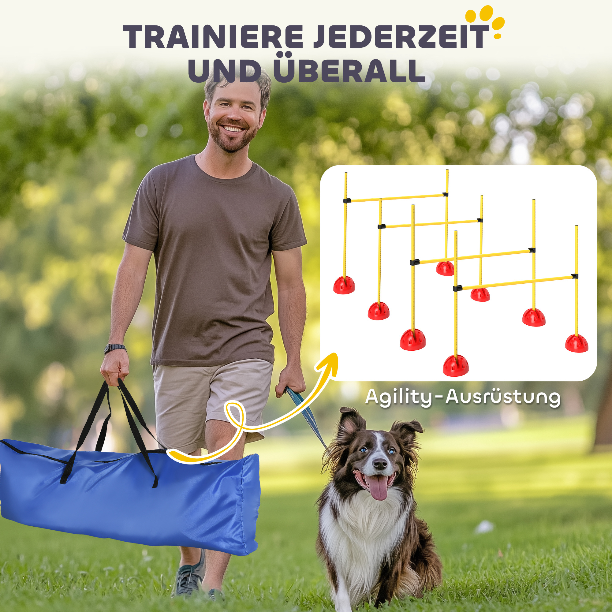 4-osaline koera agility takistuskomplekt 4 reguleeritava hüppe ja kandekotiga, kollane