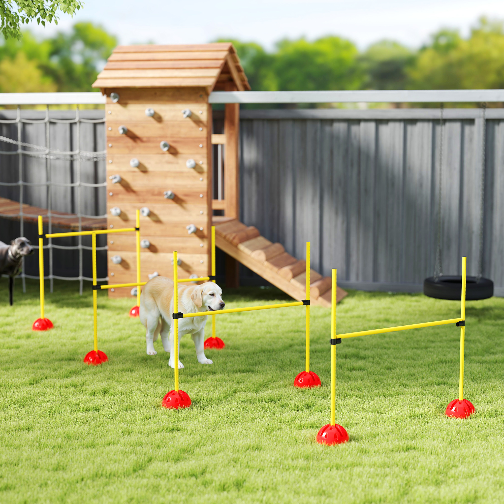 4-osaline koera agility takistuskomplekt 4 reguleeritava hüppe ja kandekotiga, kollane