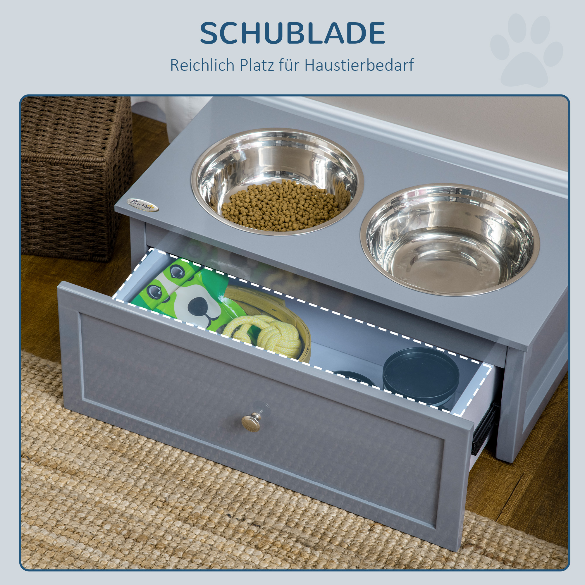 Futterstation koertele, 2 kaussi 2 l, roostevaba teras, sahtliga, hall, 60 x 30 x 24 cm