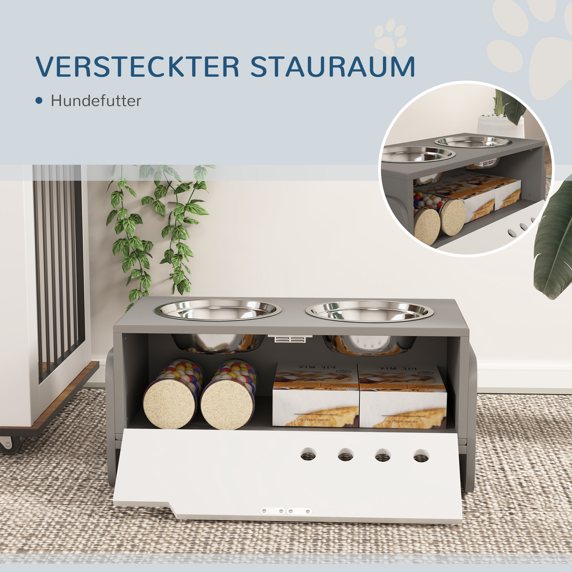 Kõrgendatud söötmisjaam koertele hoiuruumi ja aeglase söömise matiga, 2 x 2000 ml roostevabast terasest kauss, hall