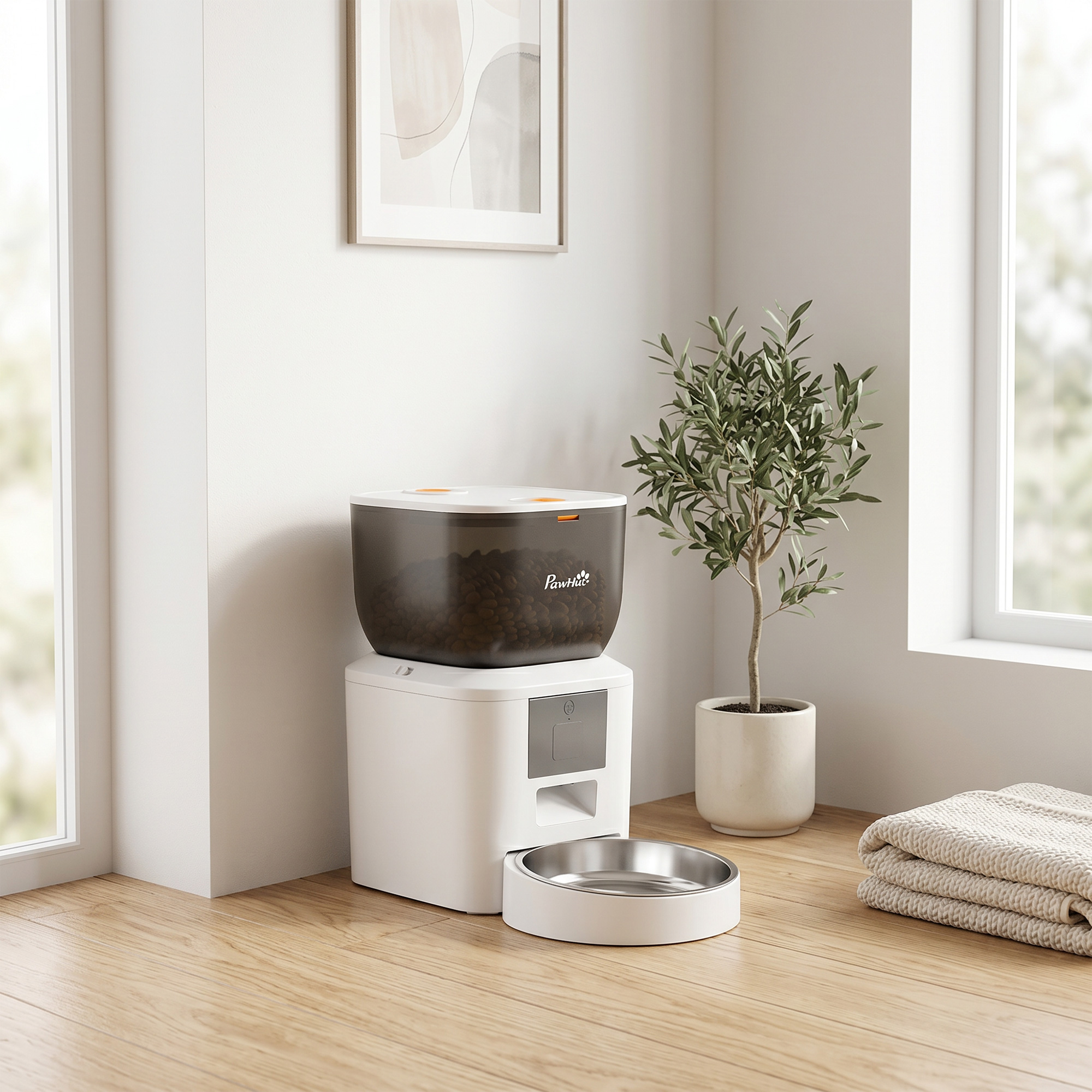 Automaatne lemmikloomade söötja, 2,4 GHz Wi‑Fi, 4 l, valge / läbipaistev must, 35 x 18,5 x 30,5 cm