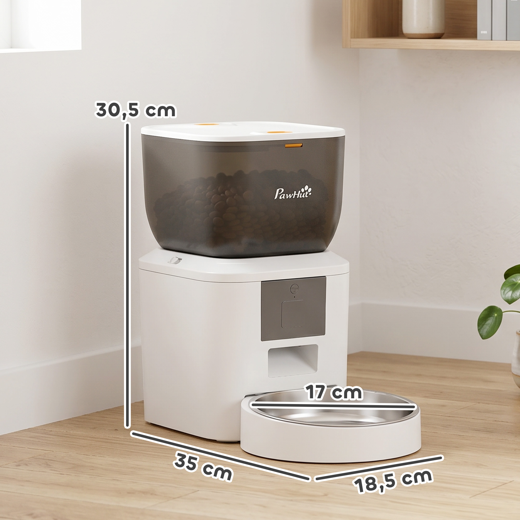 Automaatne lemmikloomade söötja, 2,4 GHz Wi‑Fi, 4 l, valge / läbipaistev must, 35 x 18,5 x 30,5 cm