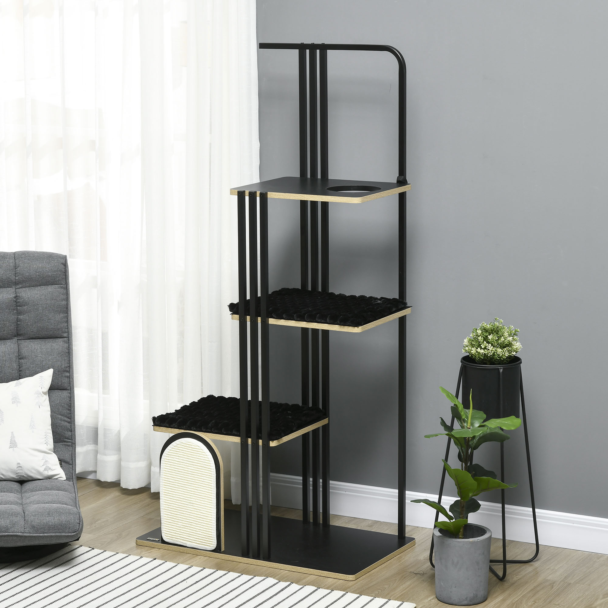 Kassipuu, industrial design, 3 platvormi, 2 lamamispadjad, kraapimissein, terasraam, must, 85 x 48 x 170 cm