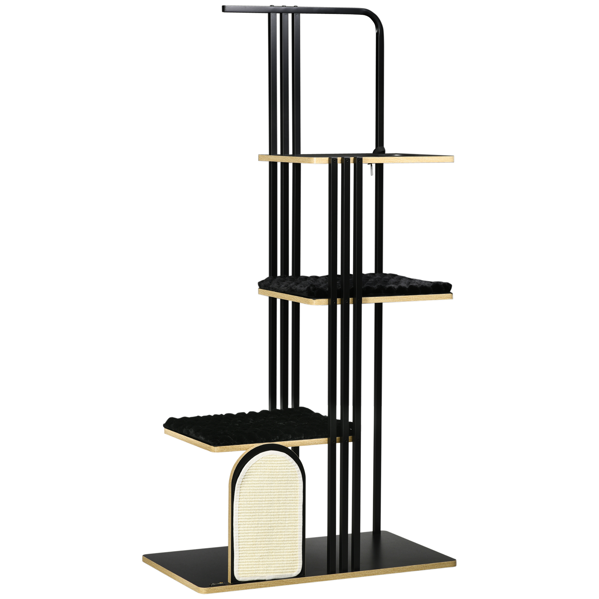Kassipuu, industrial design, 3 platvormi, 2 lamamispadjad, kraapimissein, terasraam, must, 85 x 48 x 170 cm